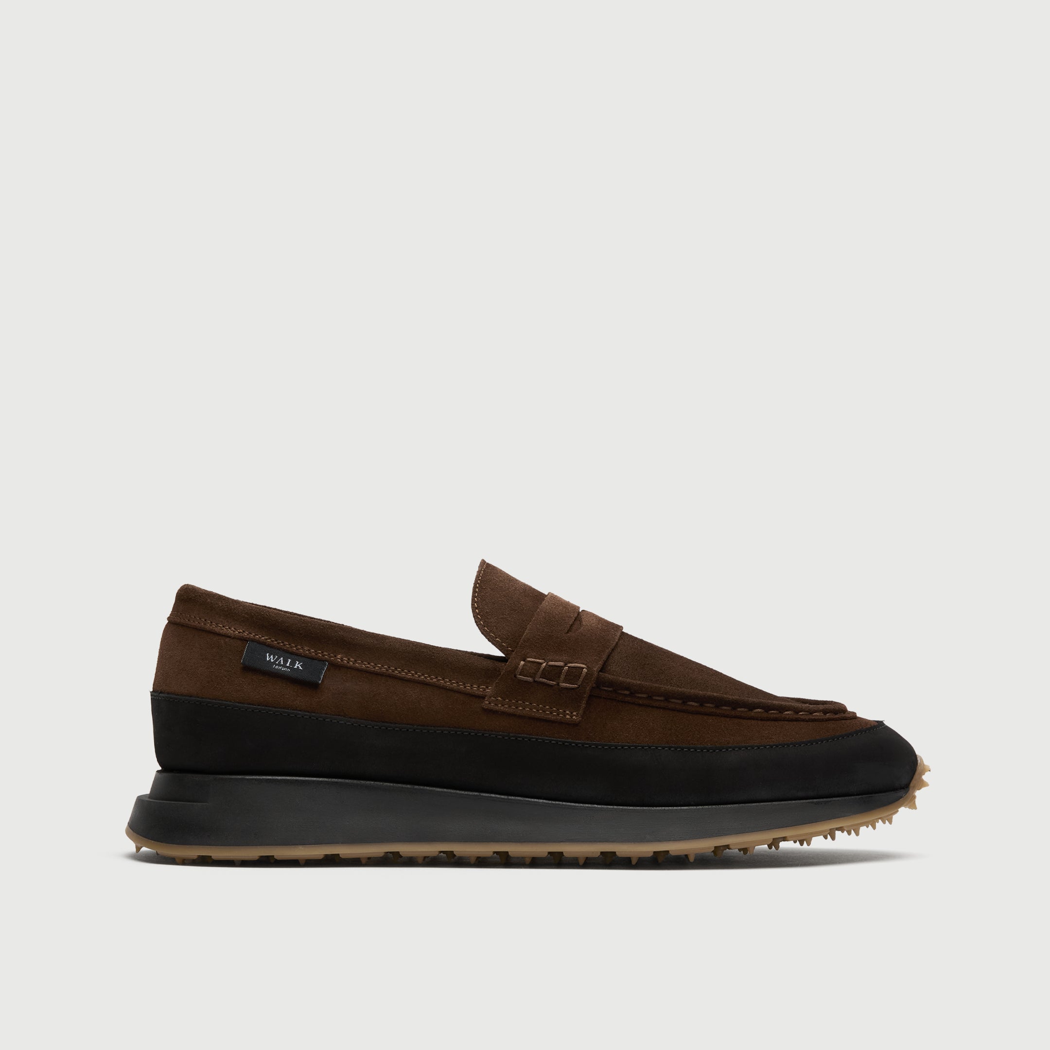 Walk London Battersea Saddle Hybrid Loafer in brown and black suede side view