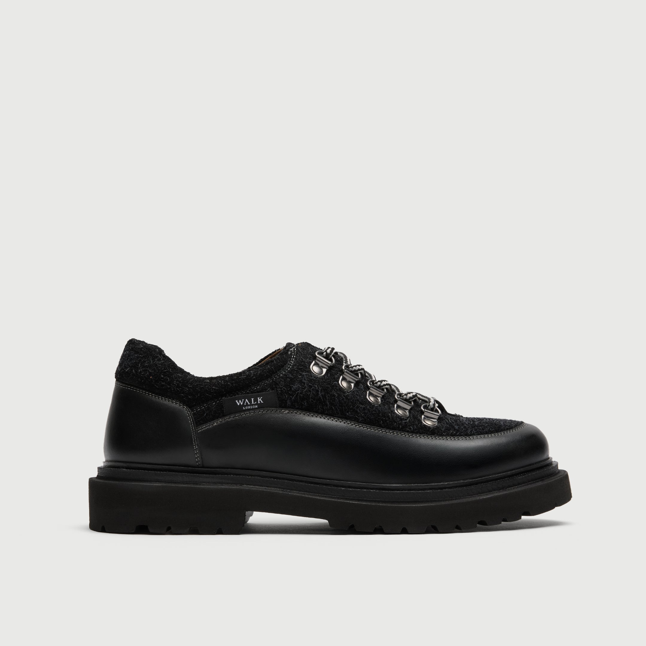 Walk London Bethnal Hiking Shoes in black leather and hairy suede side view