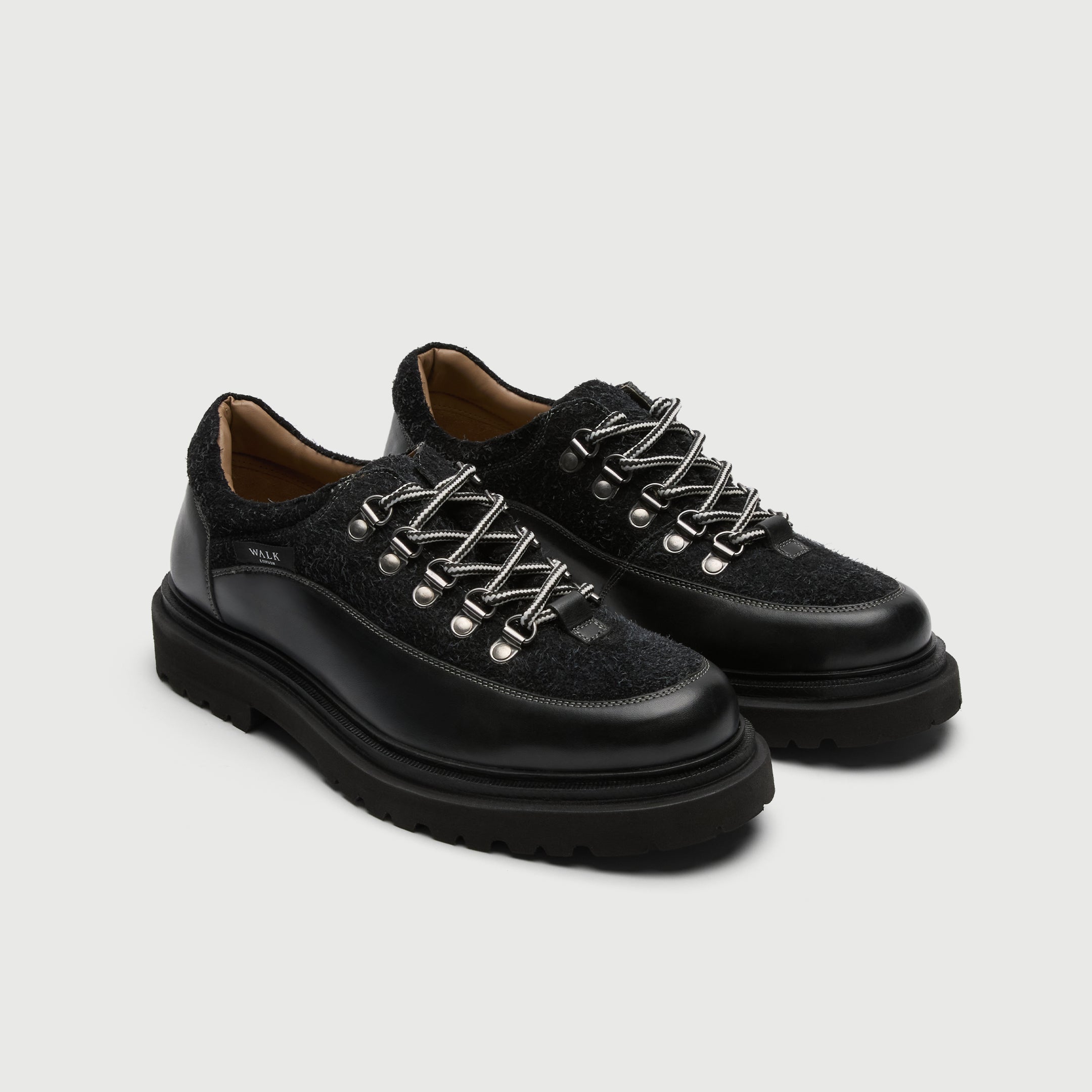 Walk London Bethnal Hiking Shoes in black leather and hairy suede three quarter view