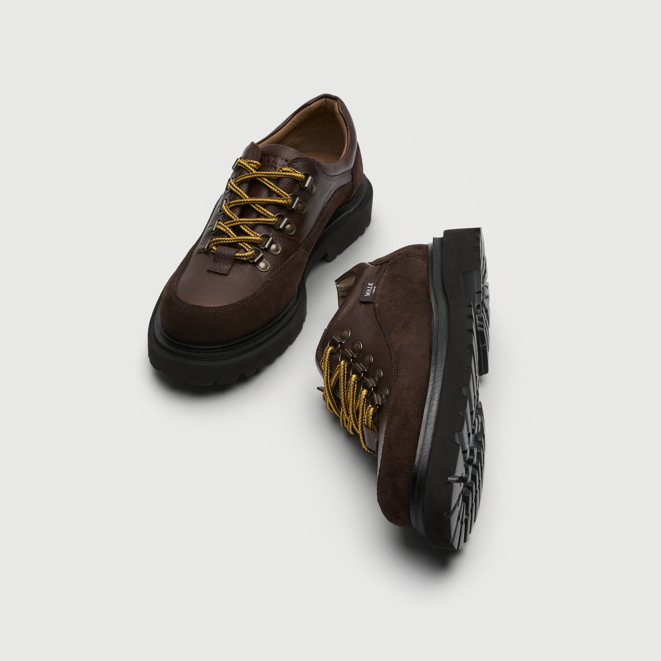Walk London Bethnal Hiking Shoes in brown leather and suede top and side view