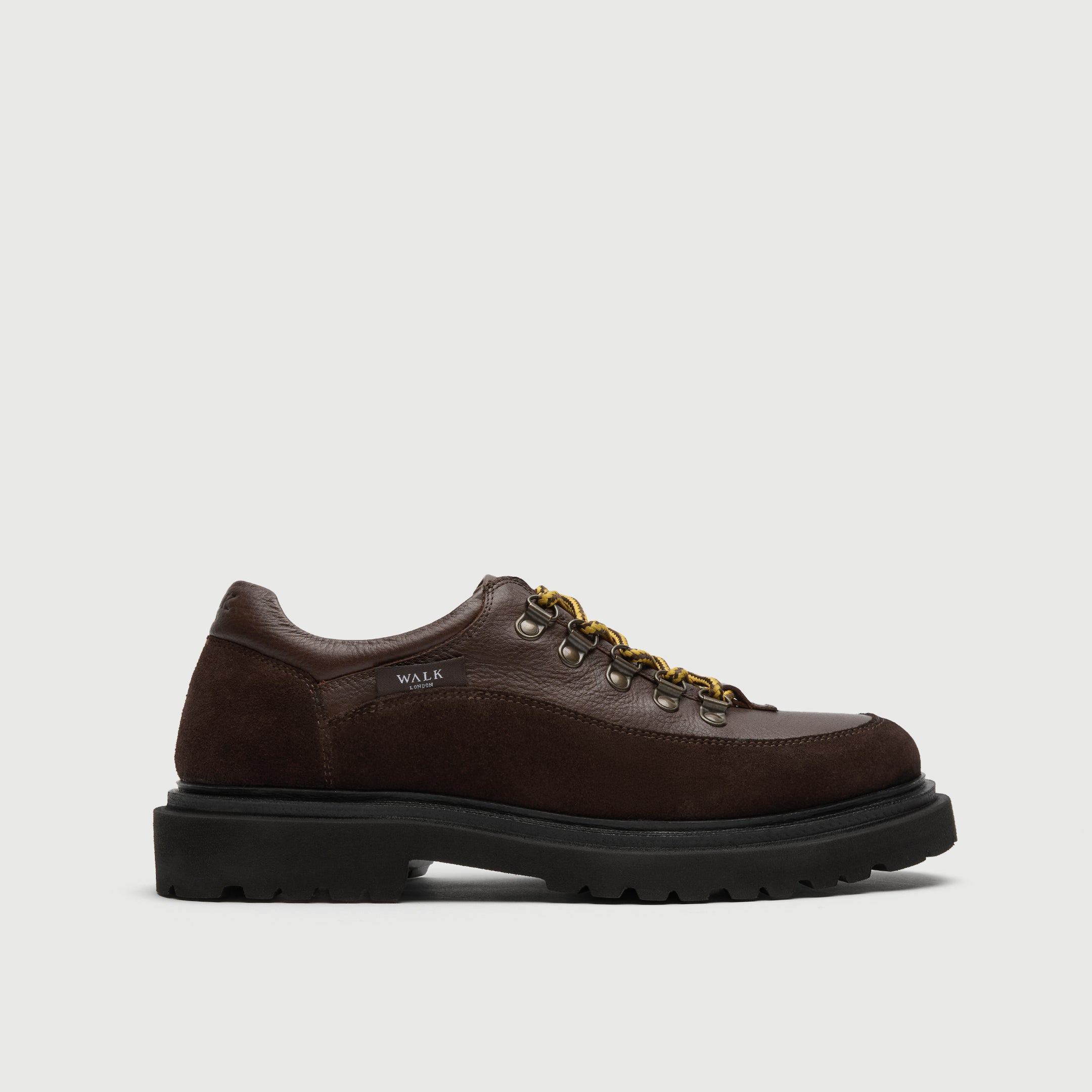 Walk London Bethnal Hiking Shoes in brown leather and suede side view