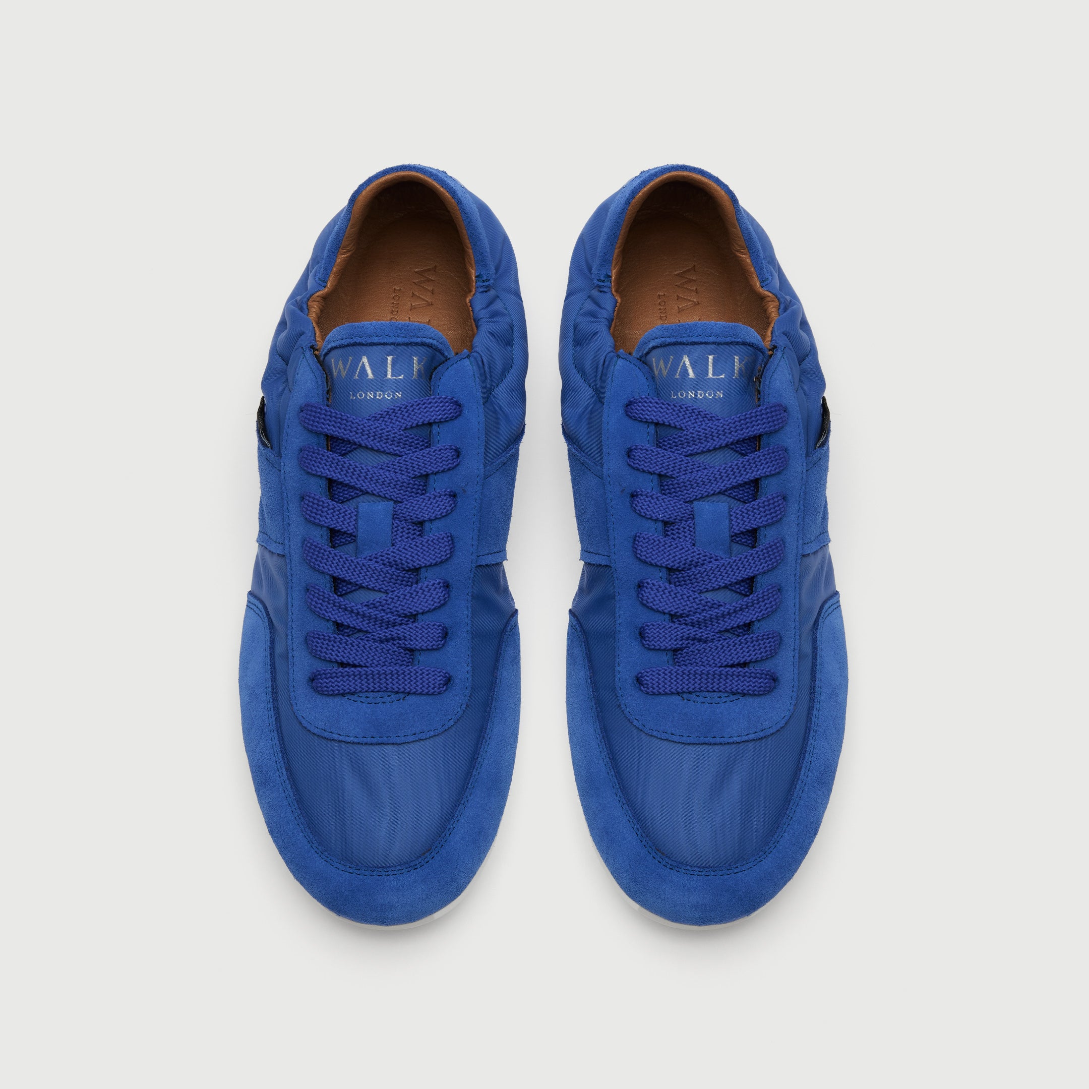 Walk London Firenze Trainer in blue suede and textile top view