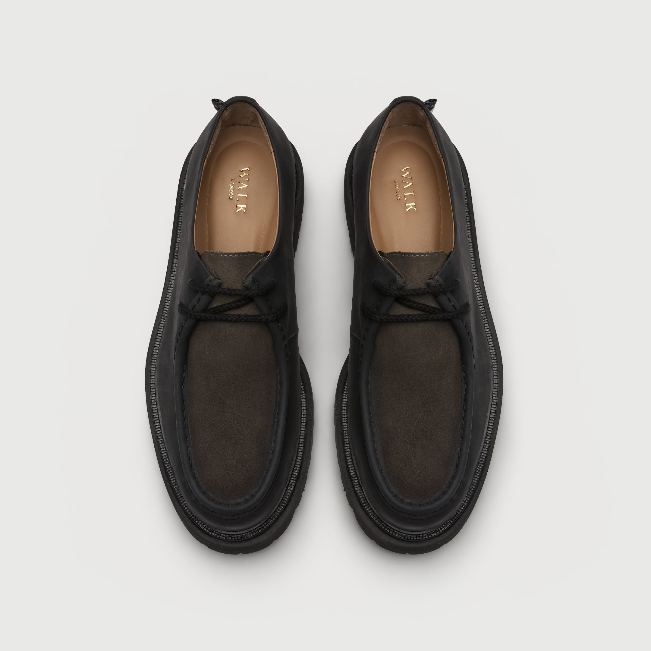 Walk London Hackney Apron Shoes in dark grey leather with mushroom grey suede vamp top view showing laces, tan lining and insole with gold branding