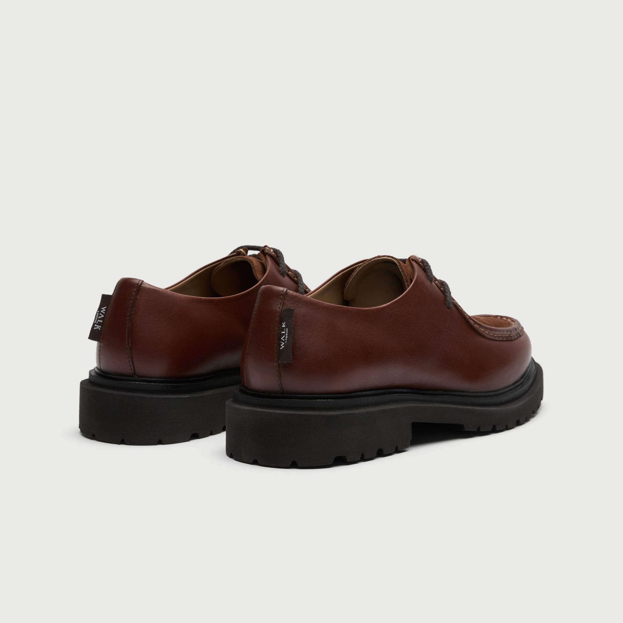 Walk London Hackney Apron Shoe in tan oily leather with suede vamp heel view showing branded label