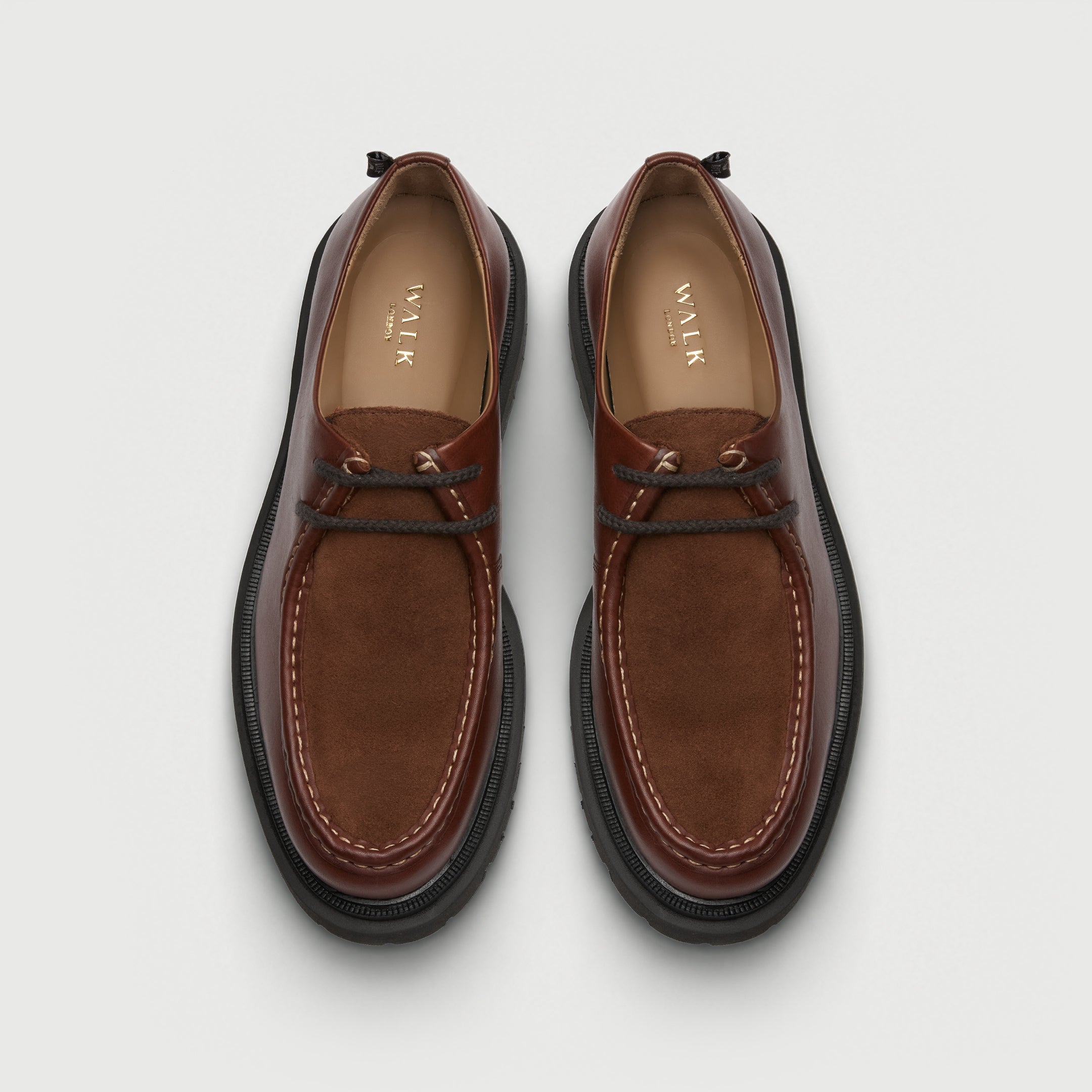 Walk London Hackney Apron Shoe in tan oily leather with suede vamp top view showing contrast stitch detail, laces, and beige insole with gold branding