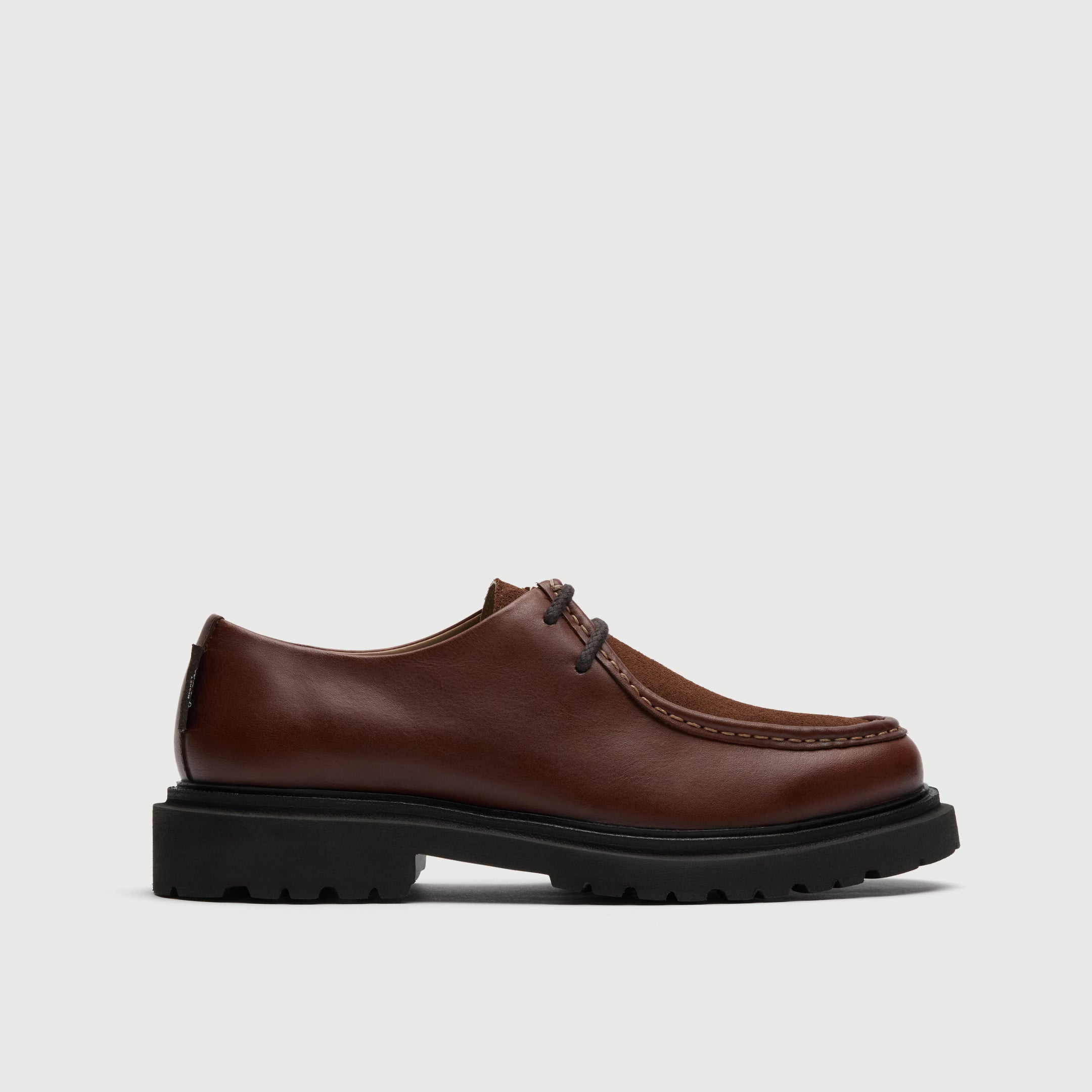 Walk London Hackney Apron Shoe in tan oily leather with suede vamp side view