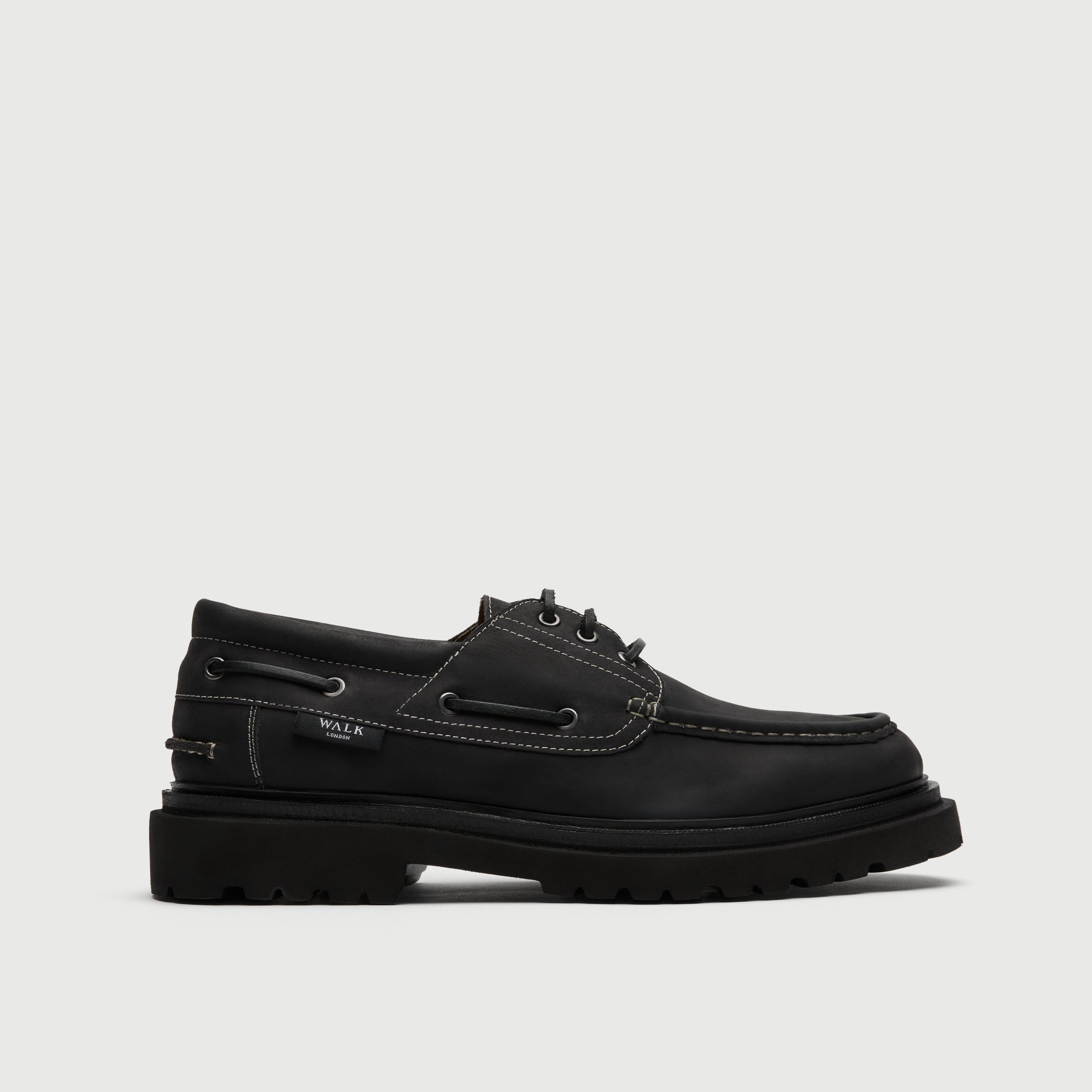 Walk London Hackney Boat Shoe in matte charcoal black leather with contrast stitch side view