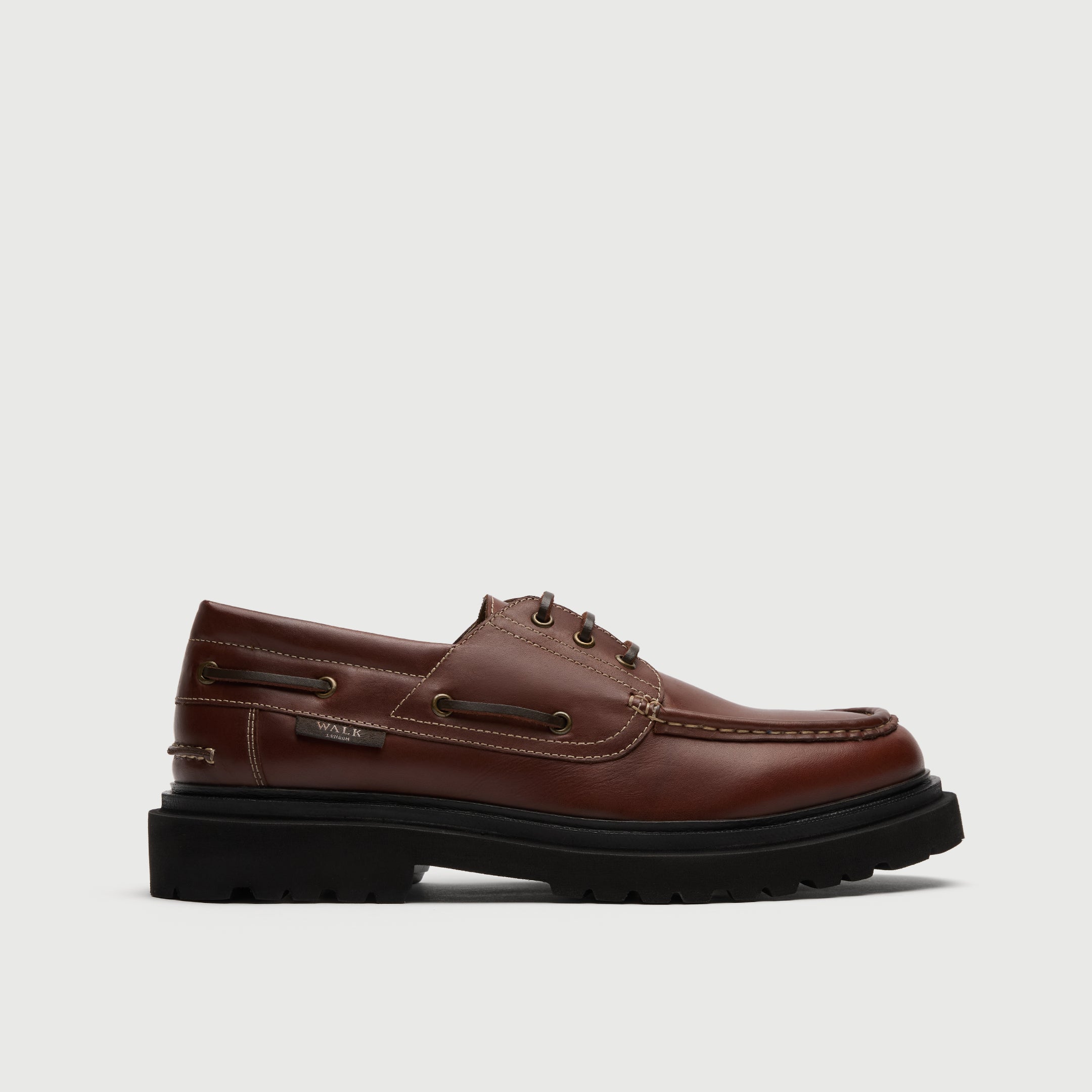 Walk London Hackney Boat Shoe in tan leather with contrast stitch side view