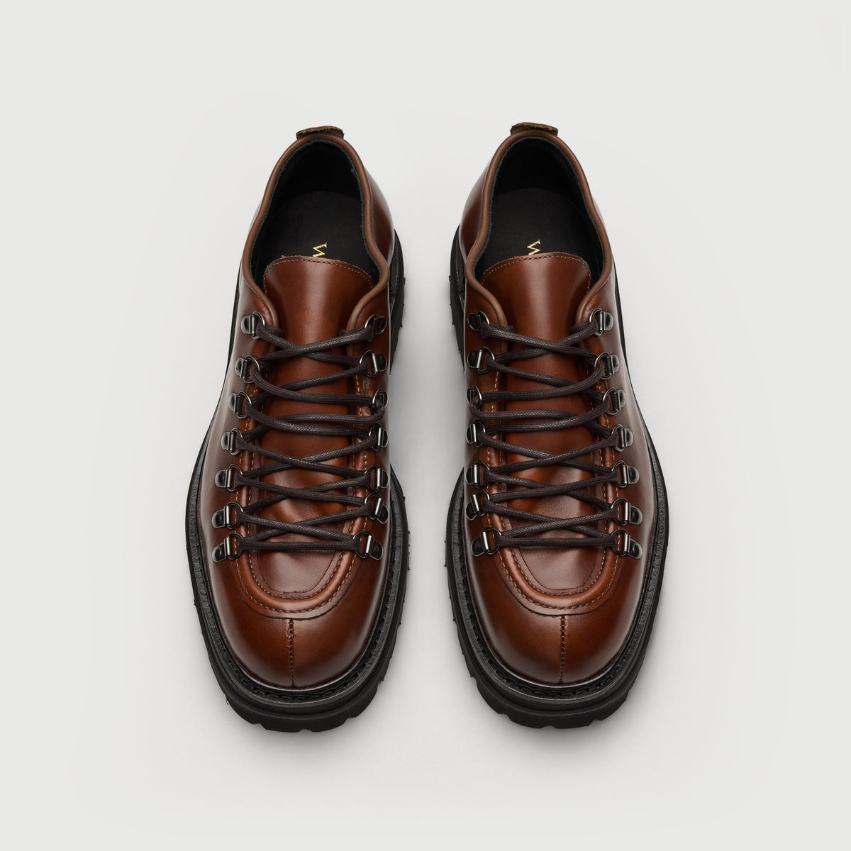Walk London Hartford Hiking Style Shoe in Tan Leather top view showing brown laces and gunmetal toned d-rings