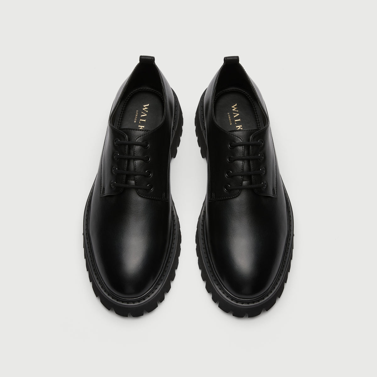 Walk London Hopper Black Leather Derby Shoe with chunky sole top view showing gold-toned foil branding on the insock