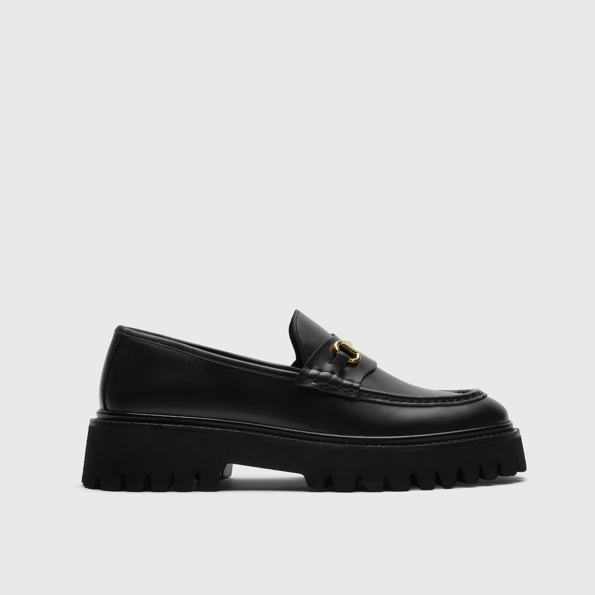 Walk London Hopper Black Leather Trim Loafer with gold-toned horsebit detail and chunky sole side view