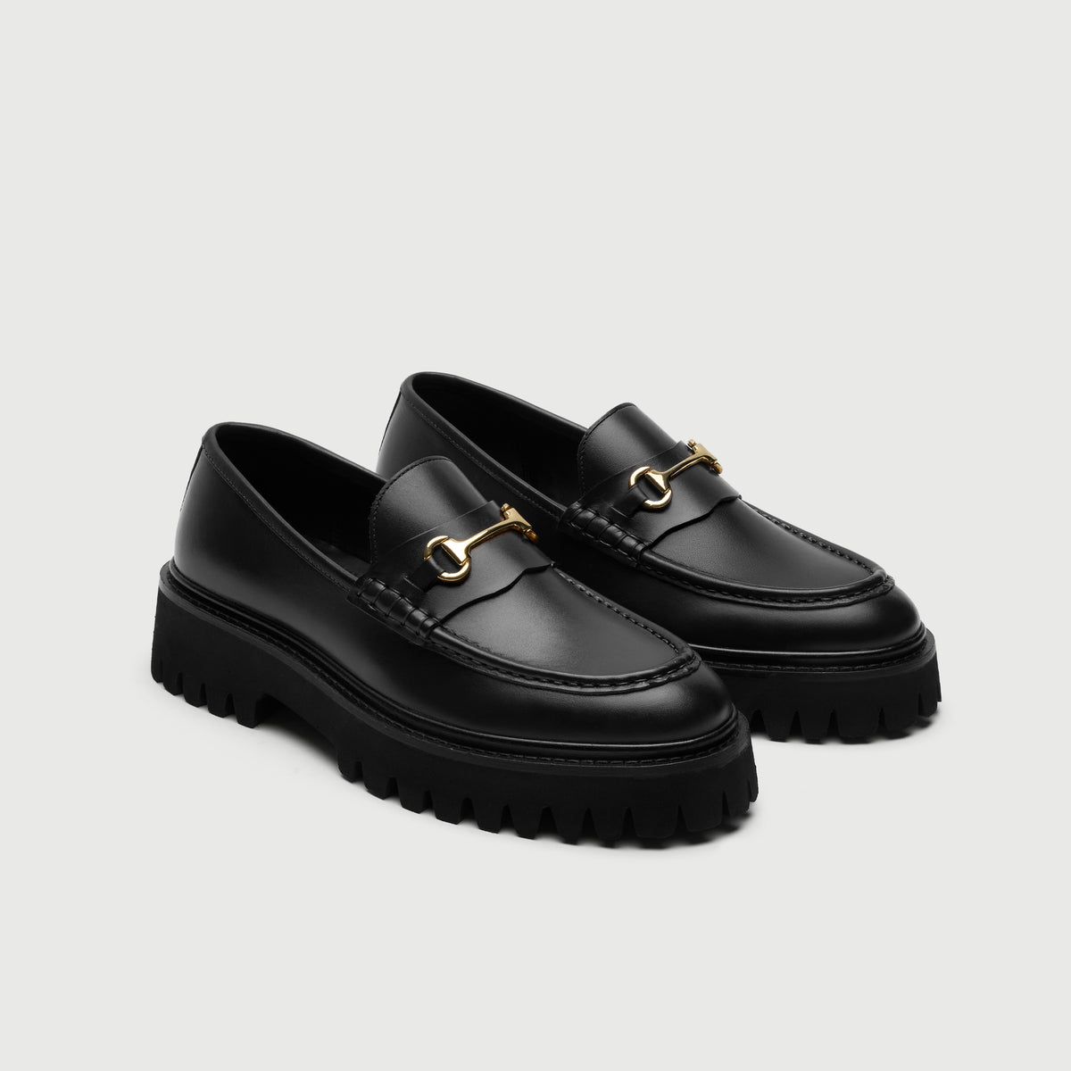 Walk London Hopper Black Leather Trim Loafers with gold-toned horsebit detail and chunky sole three quarter view