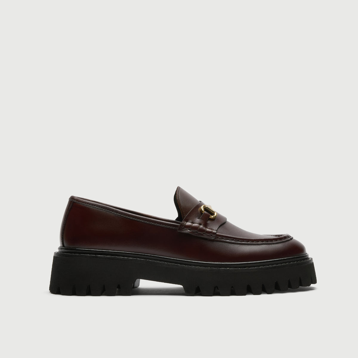 Walk London Hopper Dark Brown Leather Trim Loafer with gold-toned horsebit detail and chunky sole side view