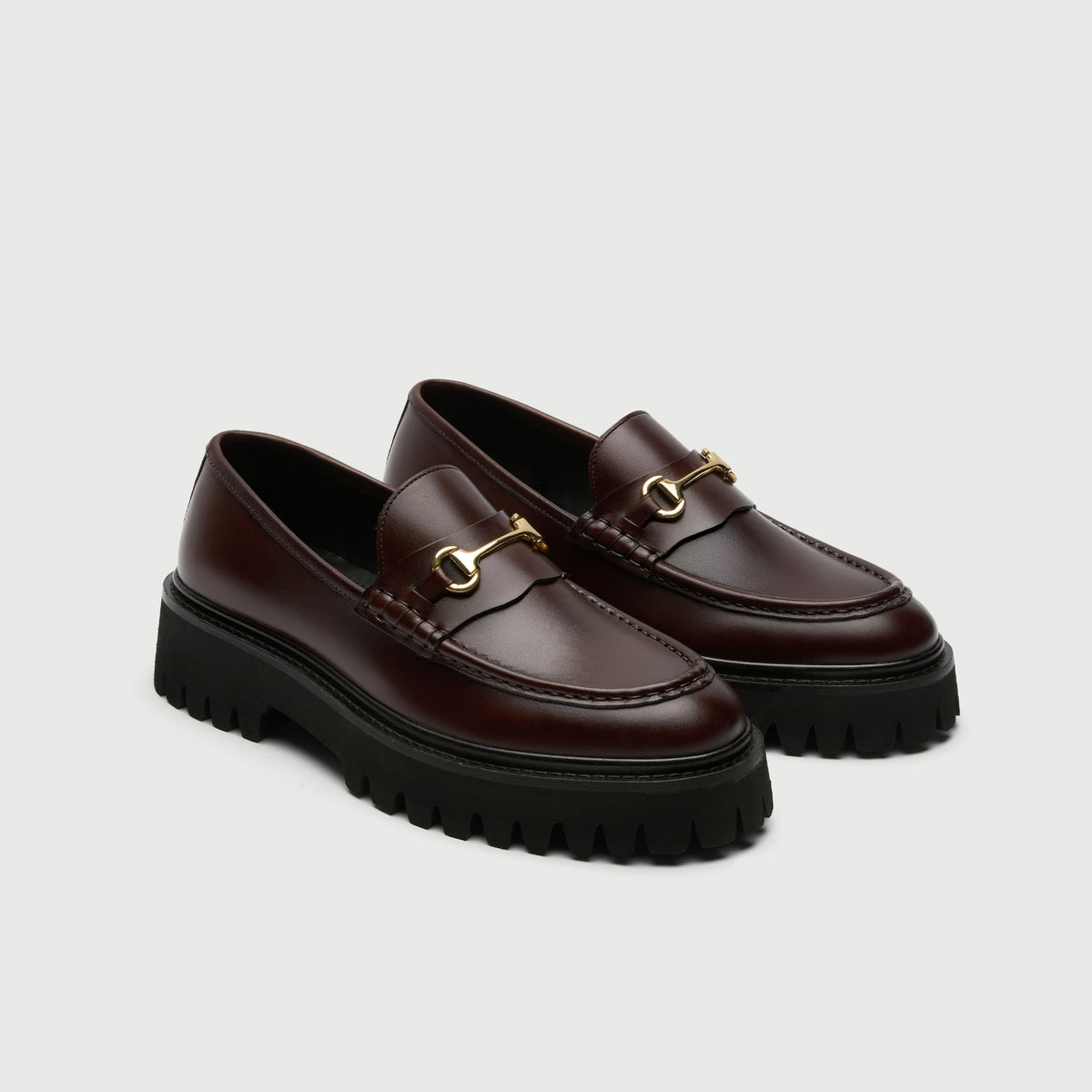 Walk London Hopper Dark Brown Leather Trim Loafers with gold-toned horsebit detail and chunky sole three quarter view