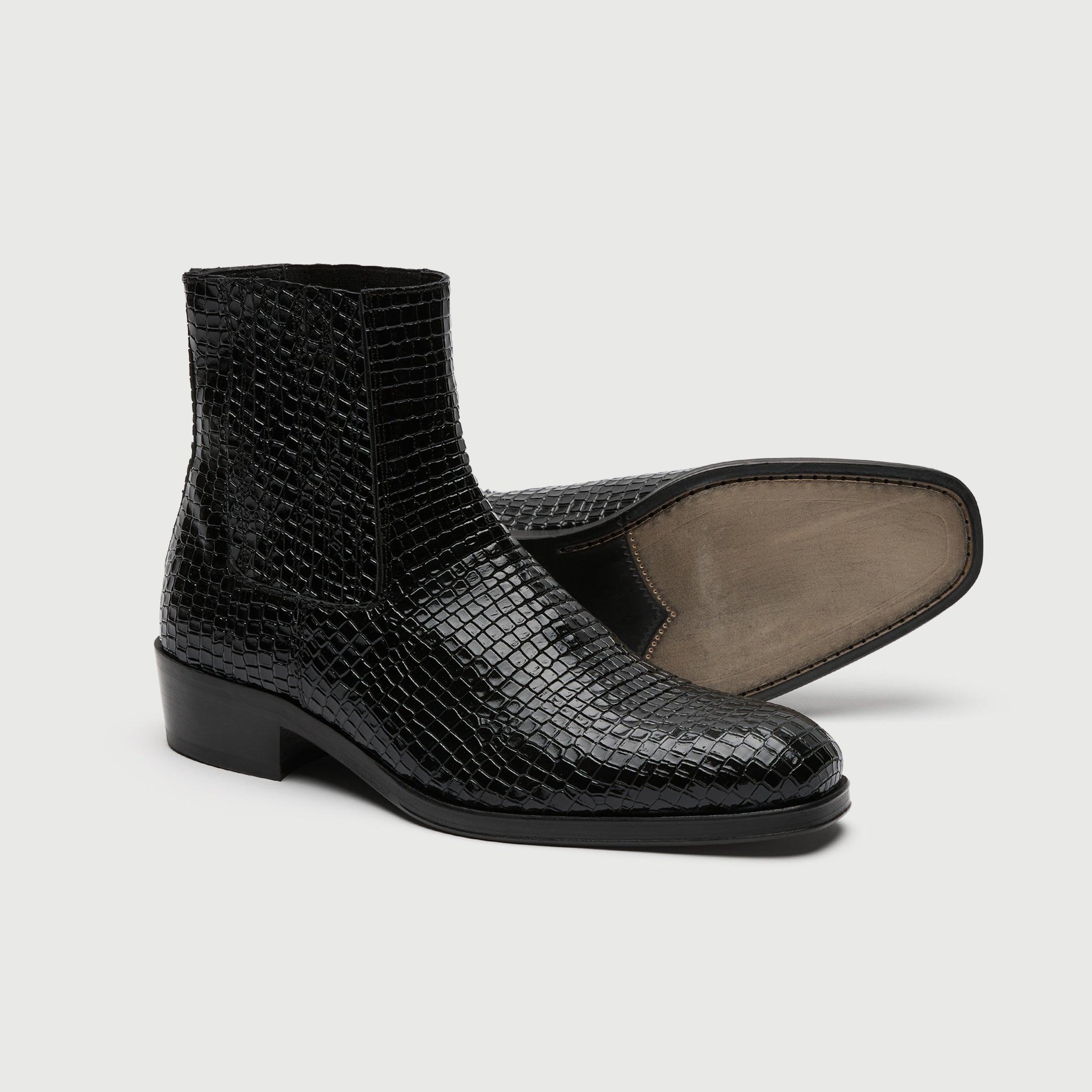 Walk London Lennon Cuban Black textured ankle boot on a light grey background