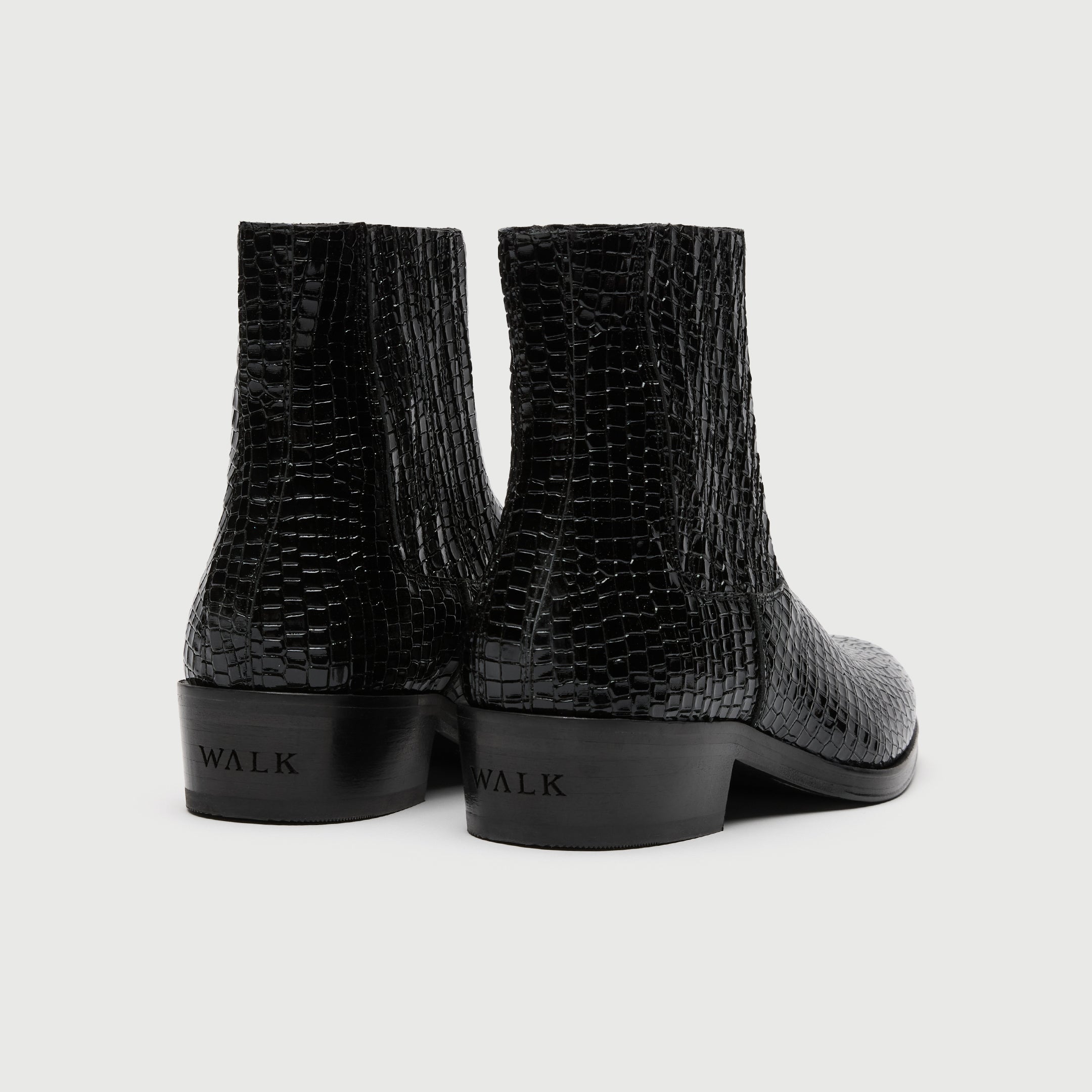 Walk London Lennon Cuban Black textured ankle boot on a light grey background