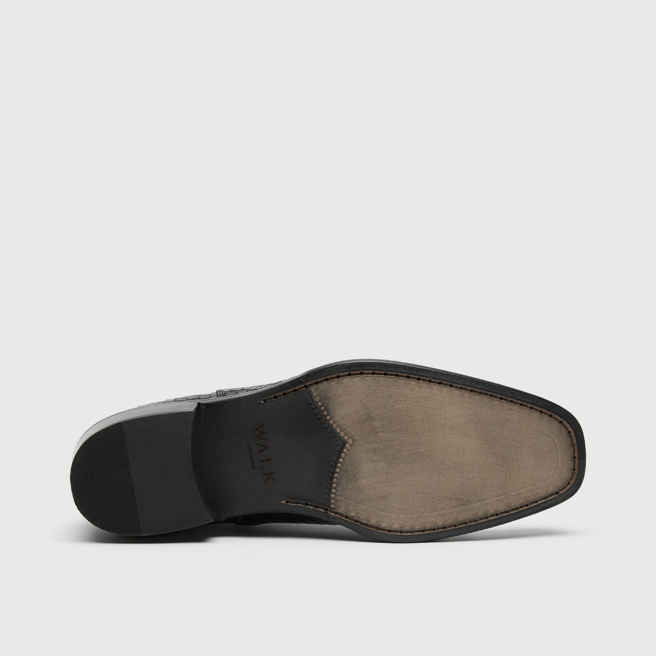 Walk London Lennon Cuban Black textured ankle boot on a light grey background