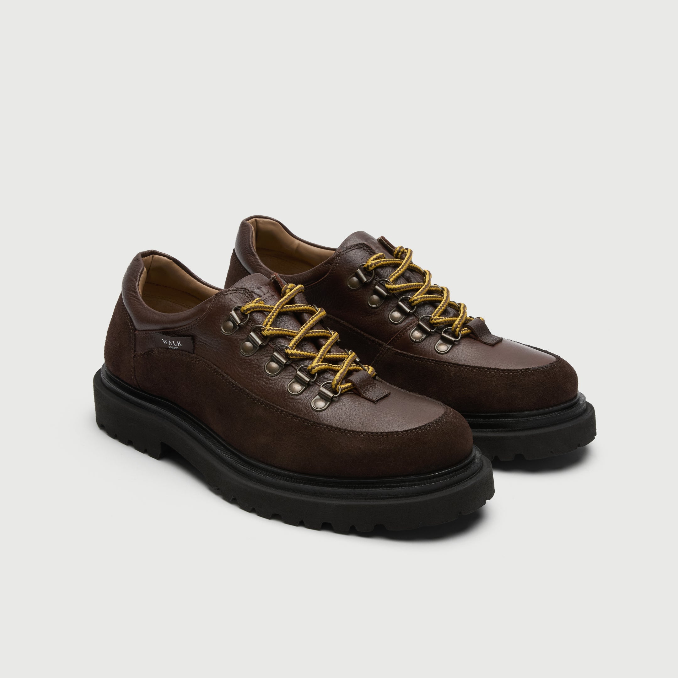Walk London Bethnal Hiking Shoes in brown leather and suede three quarter view