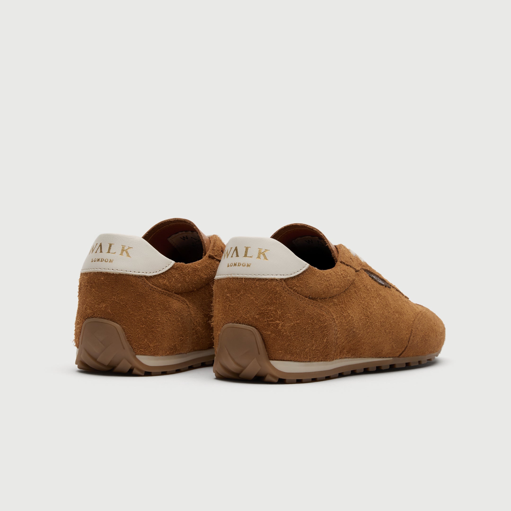 Walk London Bologna Trainer in tan hairy suede heel view