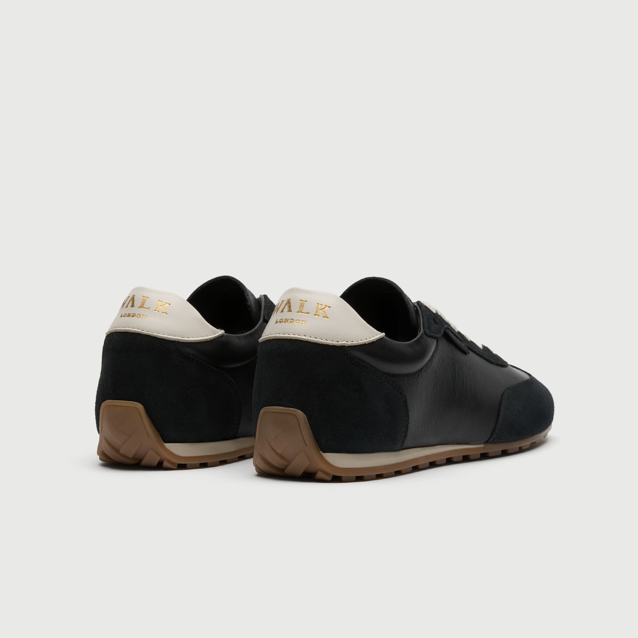 Walk London Bologna Trainer in Black Leather and Suede with white laces heel view