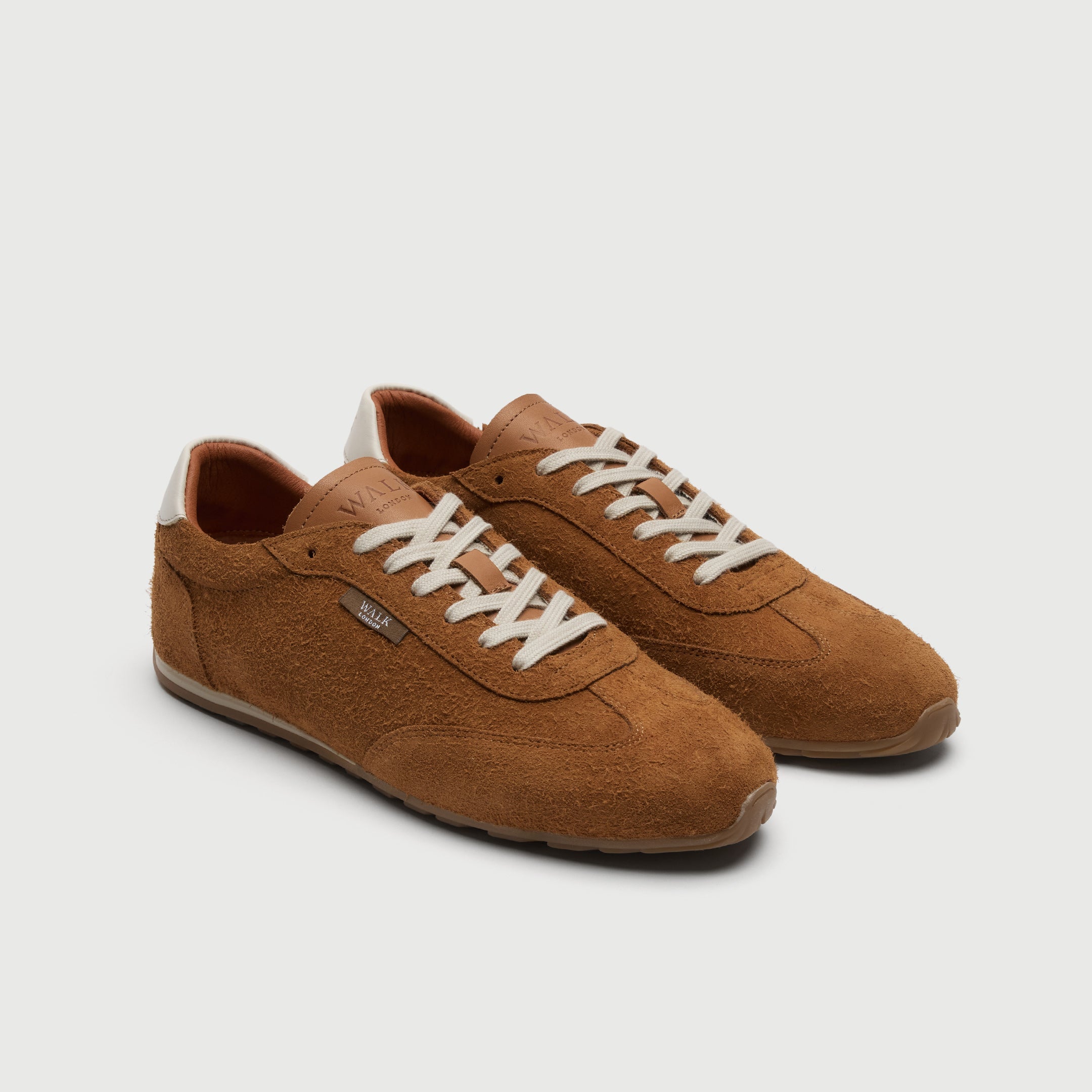 Walk London Bologna Trainer in tan hairy suede three quarter view