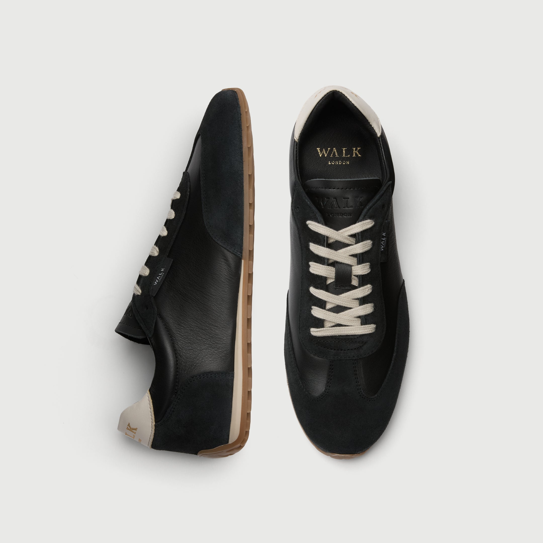 Walk London Bologna Trainer in Black Leather and Suede with white laces top view