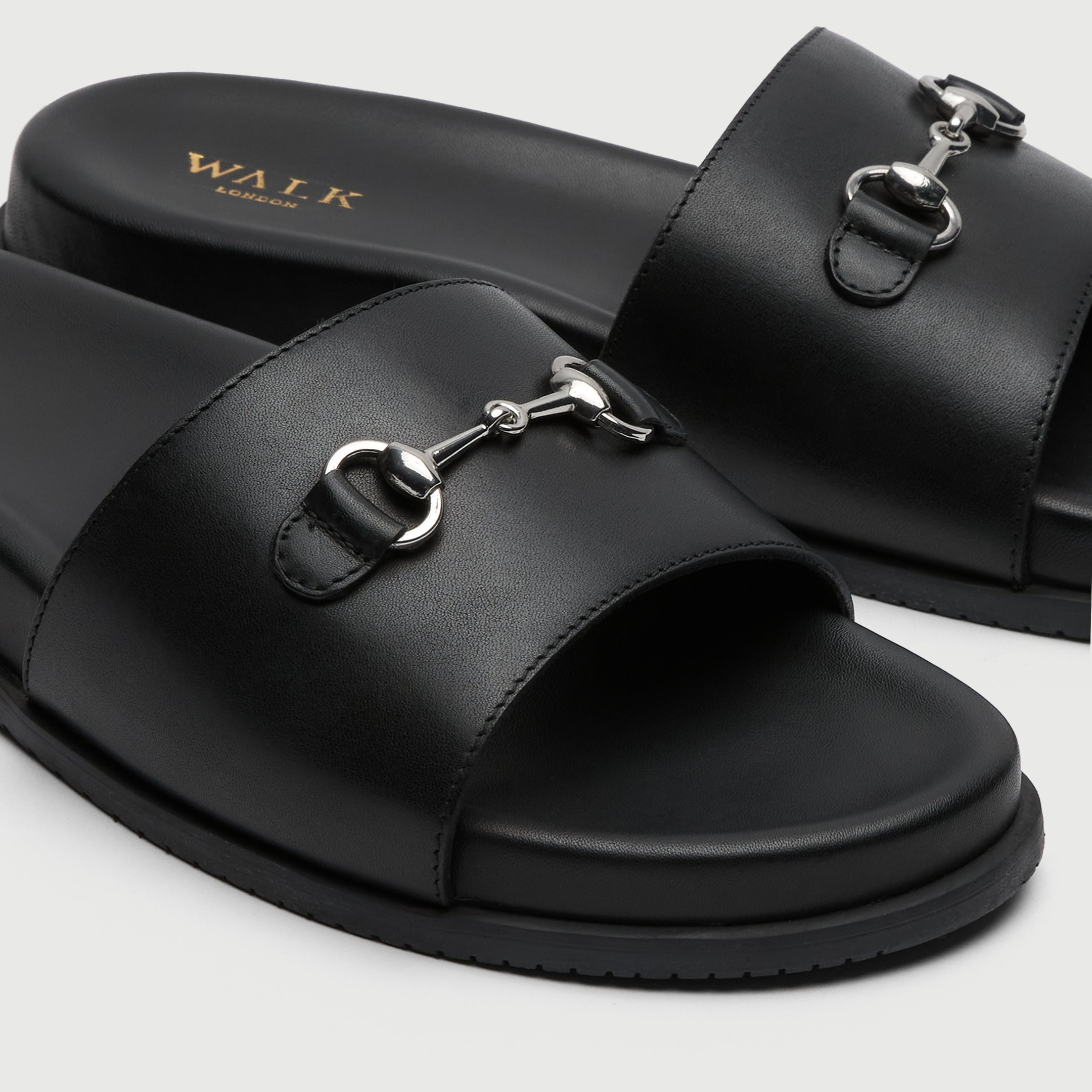 Walk London Breeze Trim Men's Black Leather Slider Sandal detail view