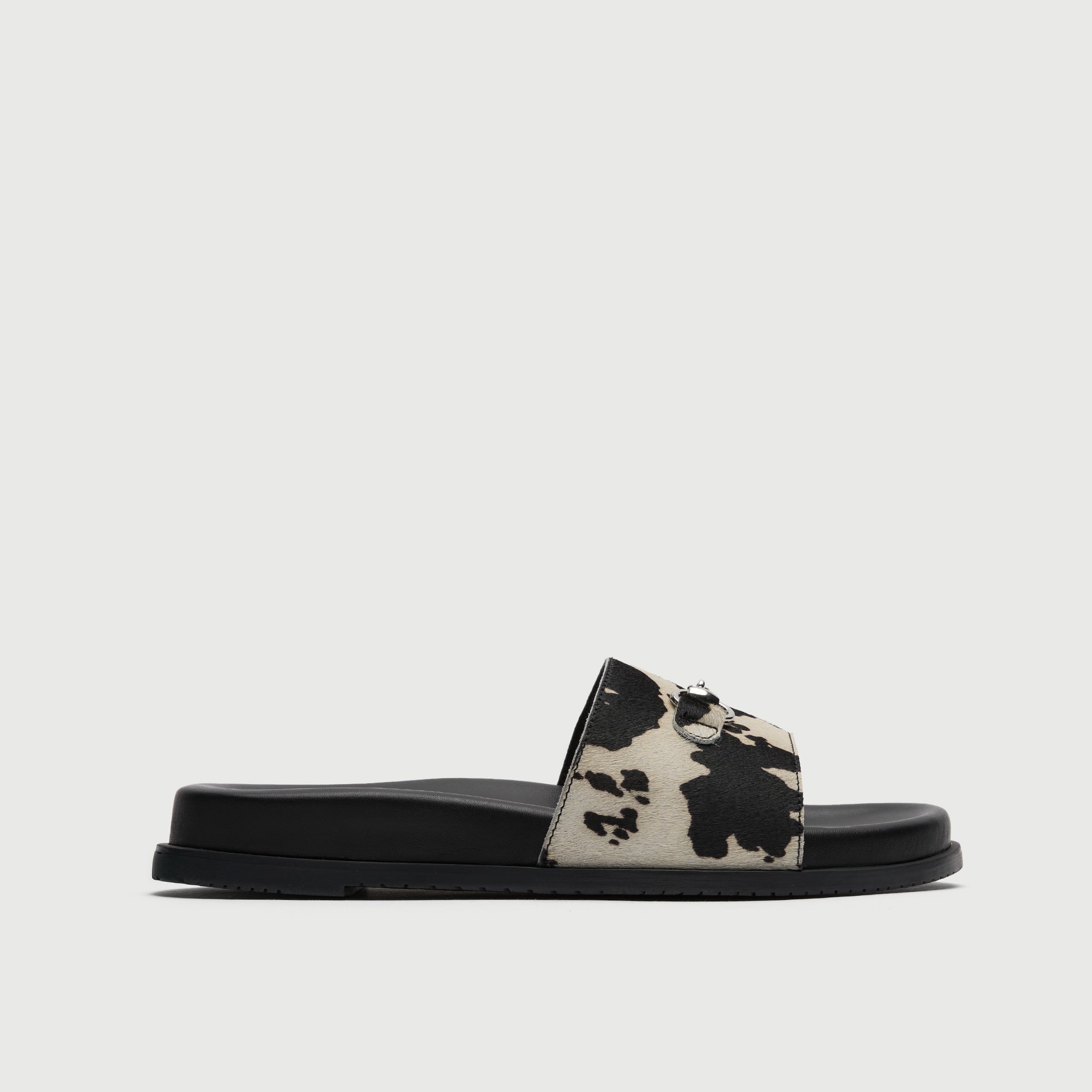 Walk London Breeze Trim Men's Leather Slider Sandal in cow print side view