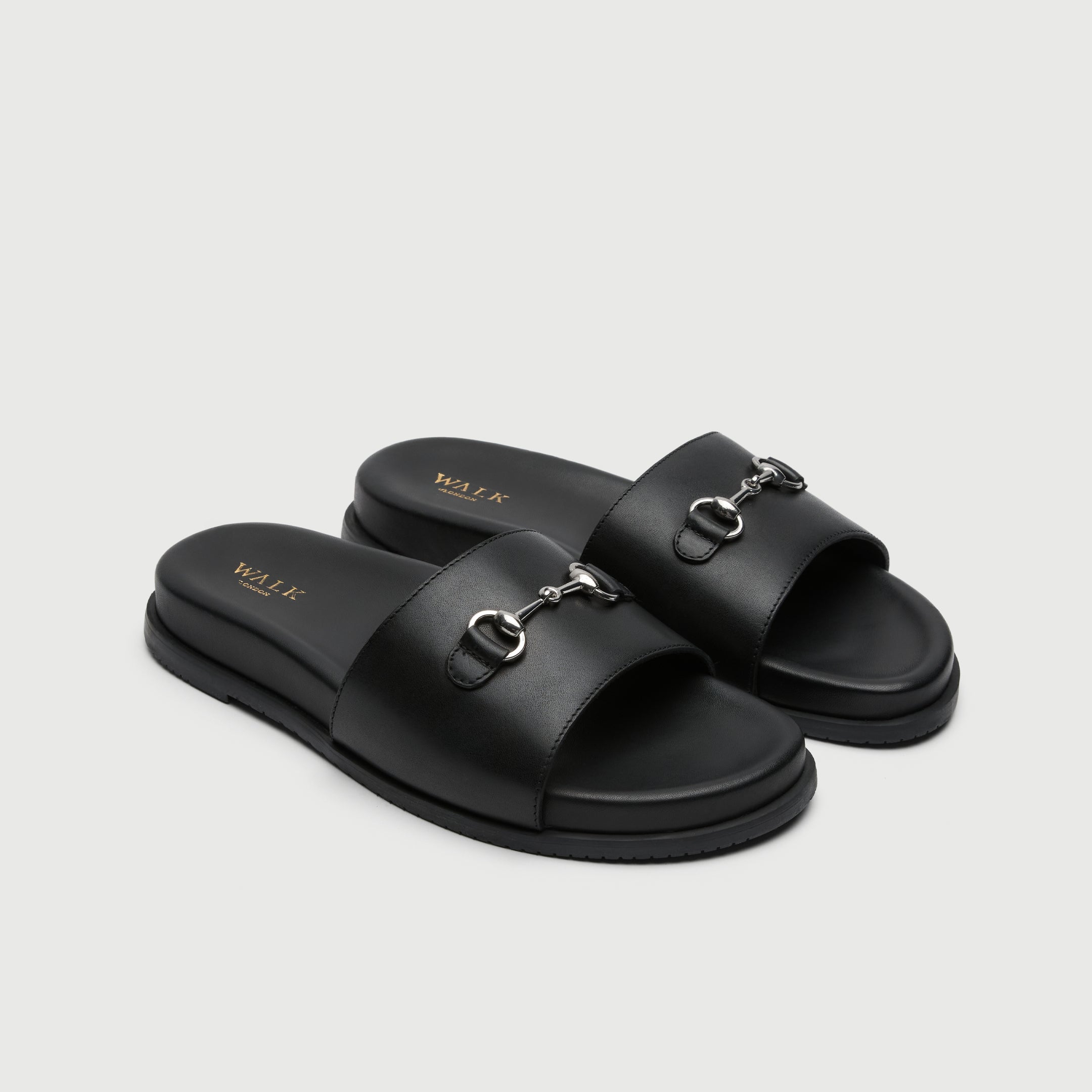 Walk London Breeze Trim Men's Black Leather Slider Sandal three quarter view