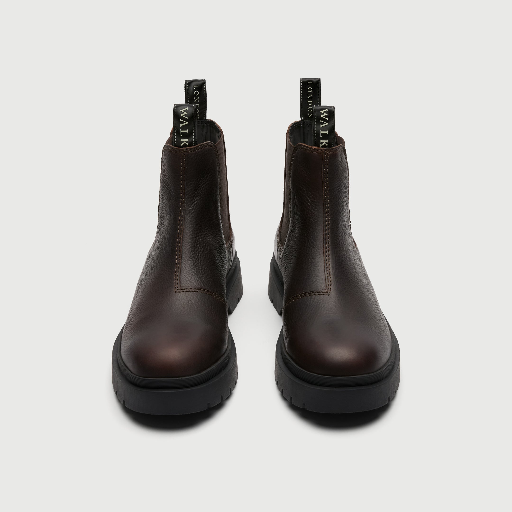 Dark brown leather Chelsea boot on a light grey background - Walk London Callum Seam Chelsea Boot Front View
