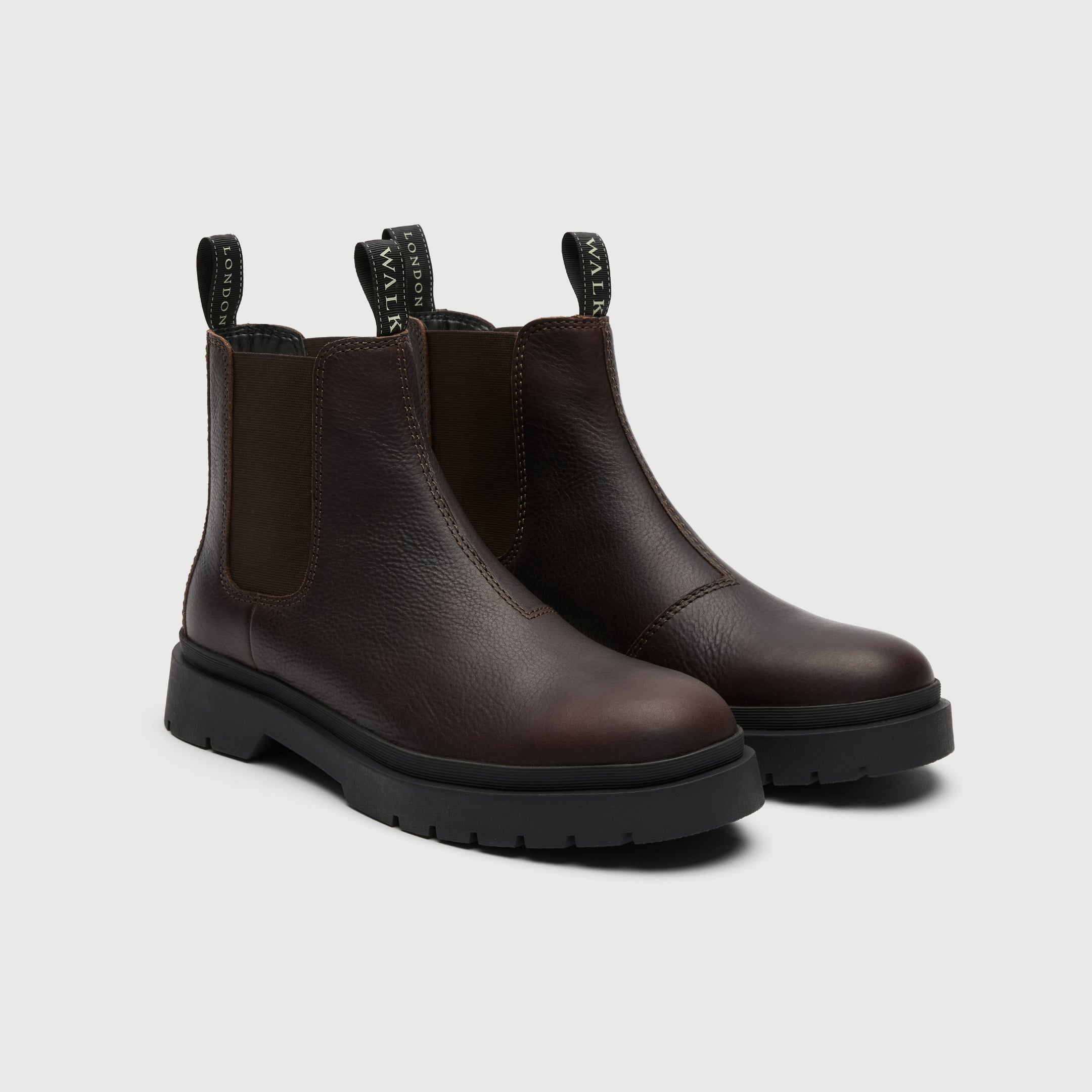 Dark brown leather Chelsea boot on a light grey background - Walk London Callum Seam Chelsea Boot Pair