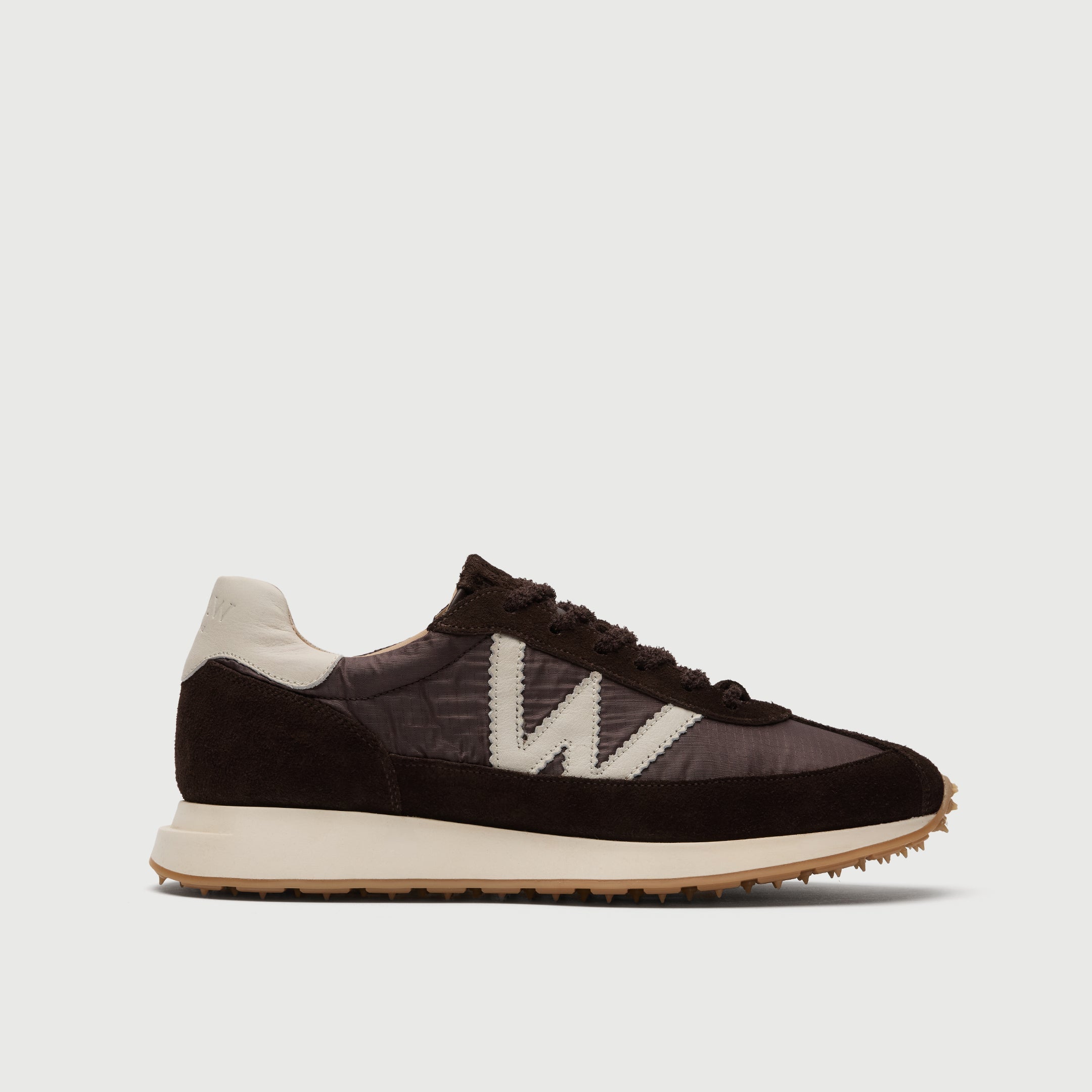 Walk London Chiswick Lace Trainer in brown textile and suede with white details and white / tan sole side view