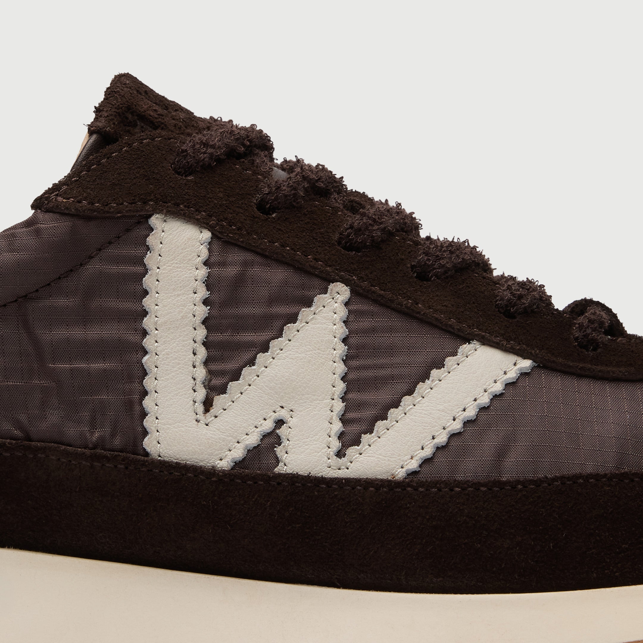 Walk London Chiswick Lace Trainer in brown textile and suede with white W leather detail close up view