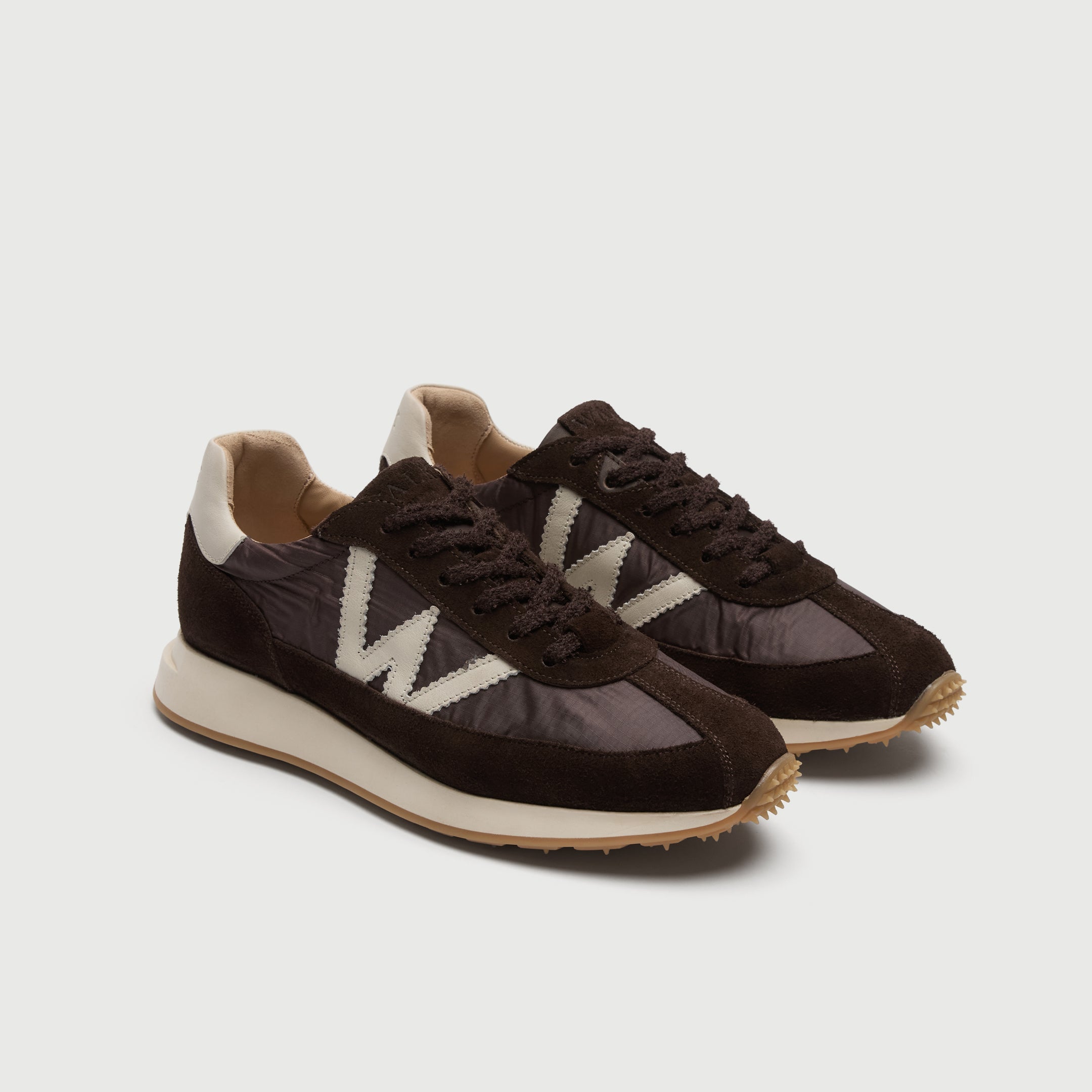 Walk London Chiswick Lace Trainer in brown textile and suede with white details and white / tan sole three quarter view