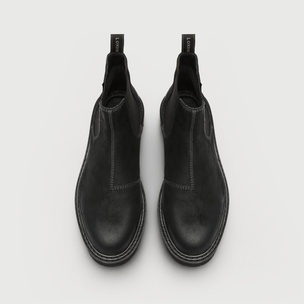 Walk London Clapham Chelsea Boots in black suede top view showing pulls tabs and stitching detail