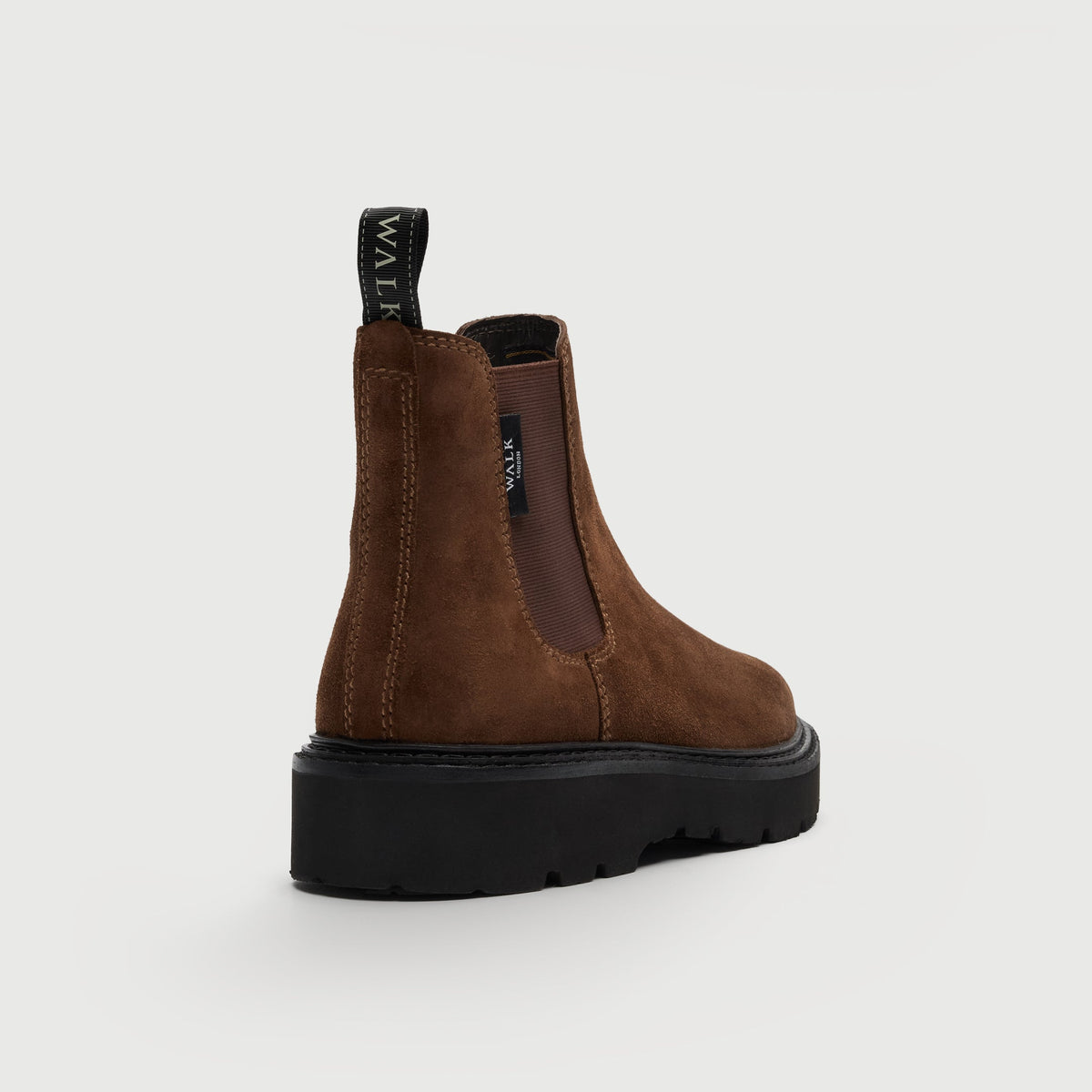 Walk London Clapham Chelsea Boot in tan suede heel view showing branded tabs