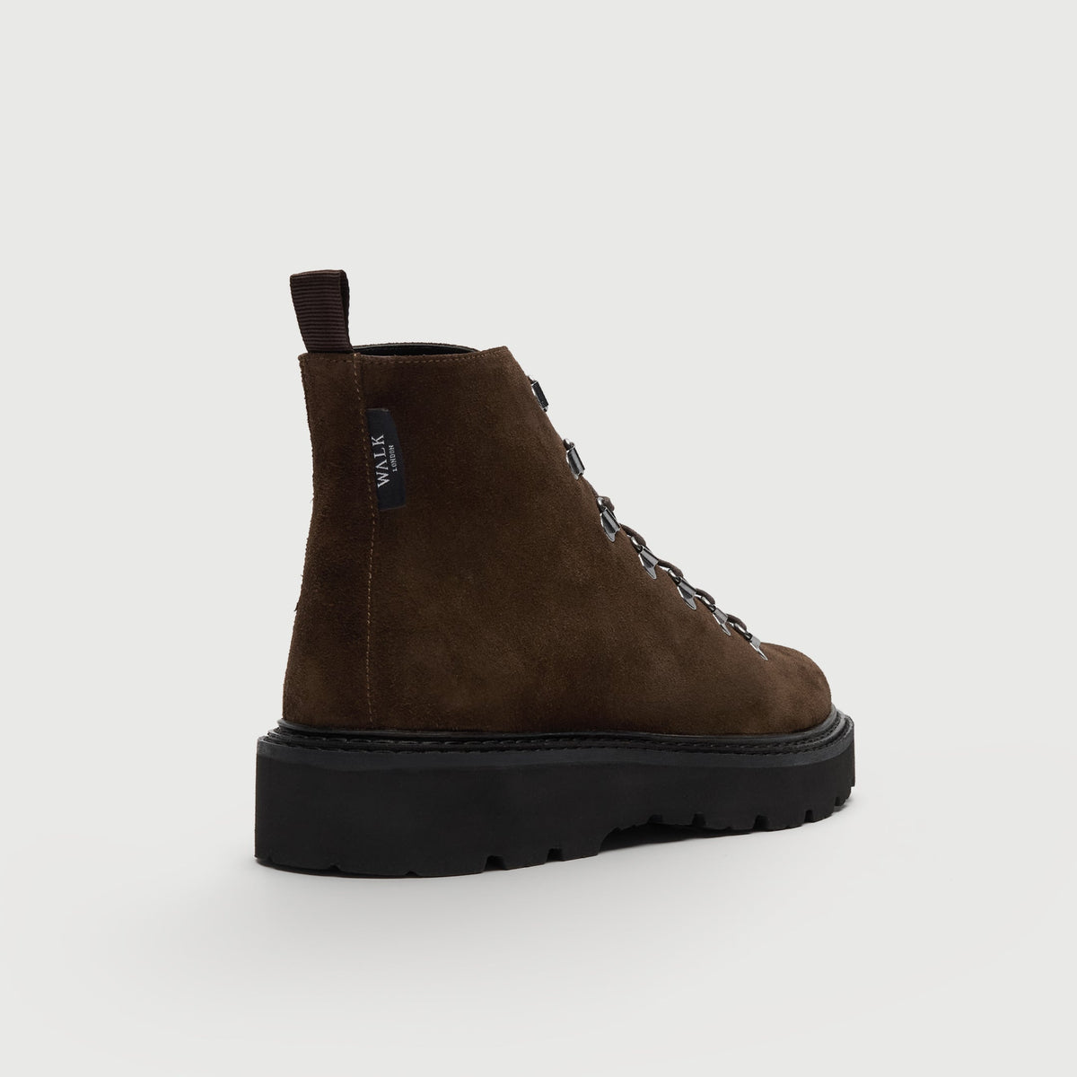 Walk London Clapham Lace Boot in brown suede heel view showing branded label and pull tab