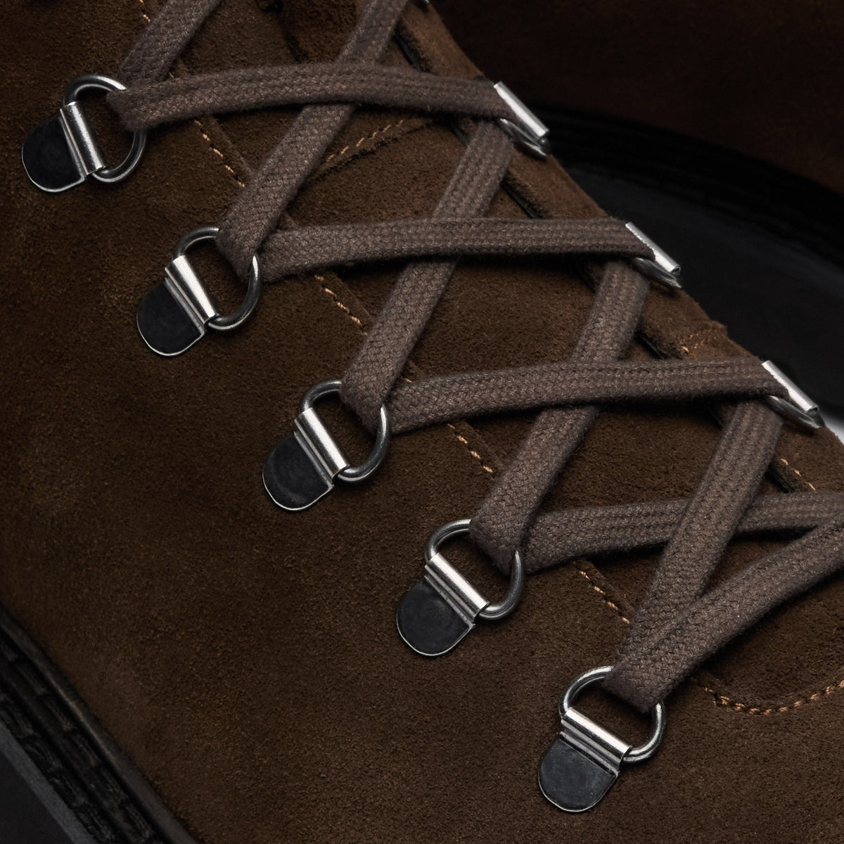 Walk London Clapham Lace Boot in brown suede close up view showing silver toned d-rings and flat brown laces
