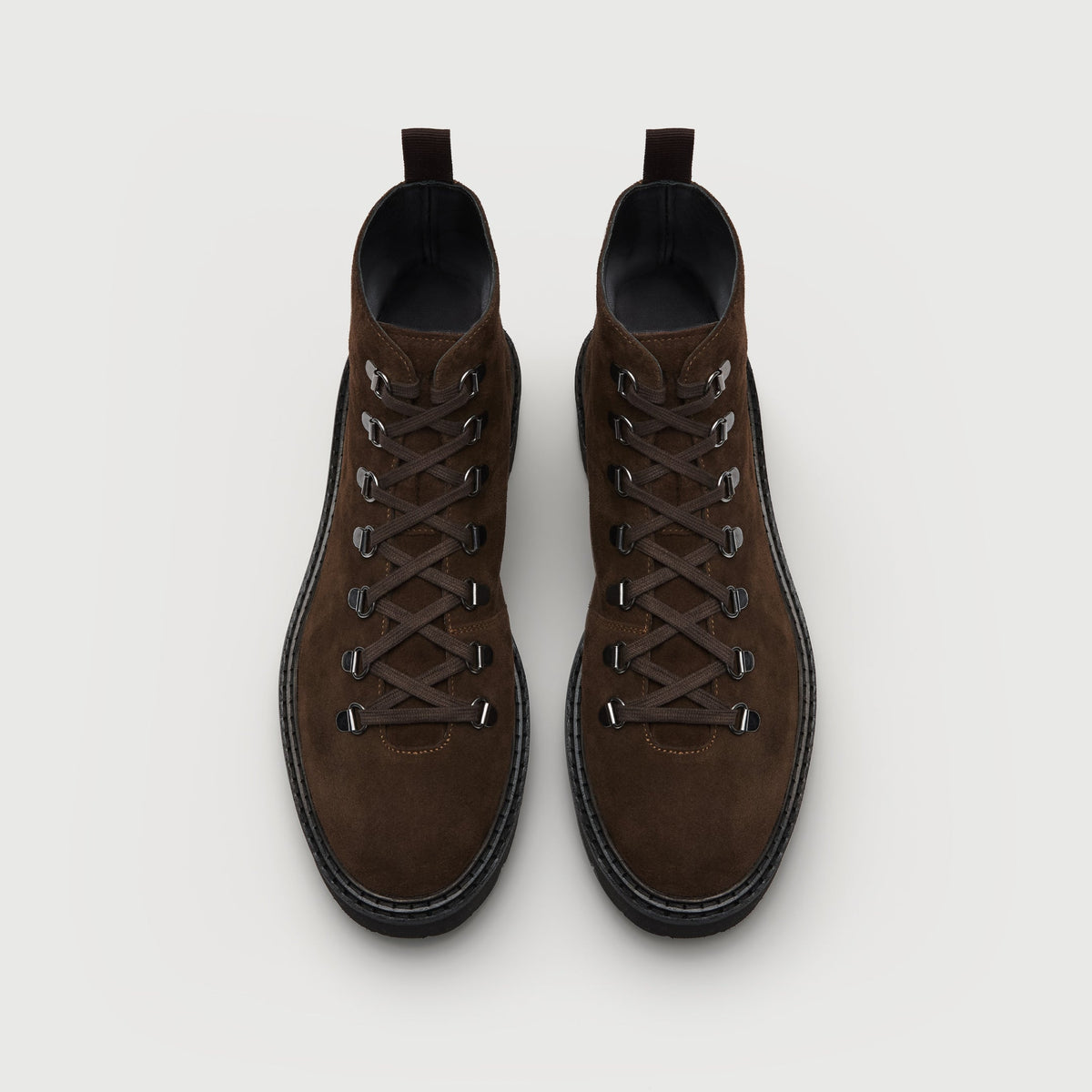 Walk London Clapham Lace Boot in brown suede top view showing laces, d-rings, and pull tabs