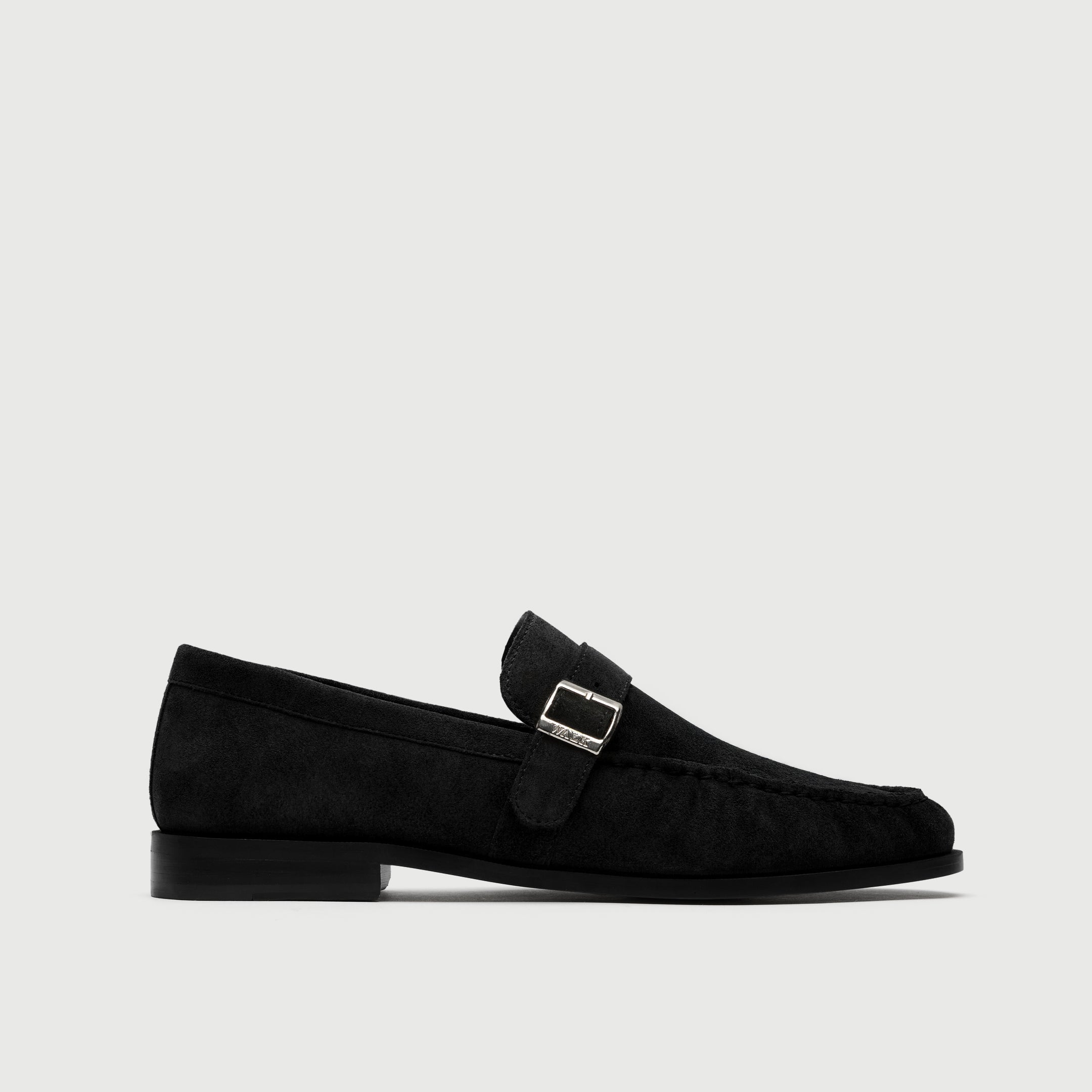 Walk London Como Black Suede Loafer with buckle side view
