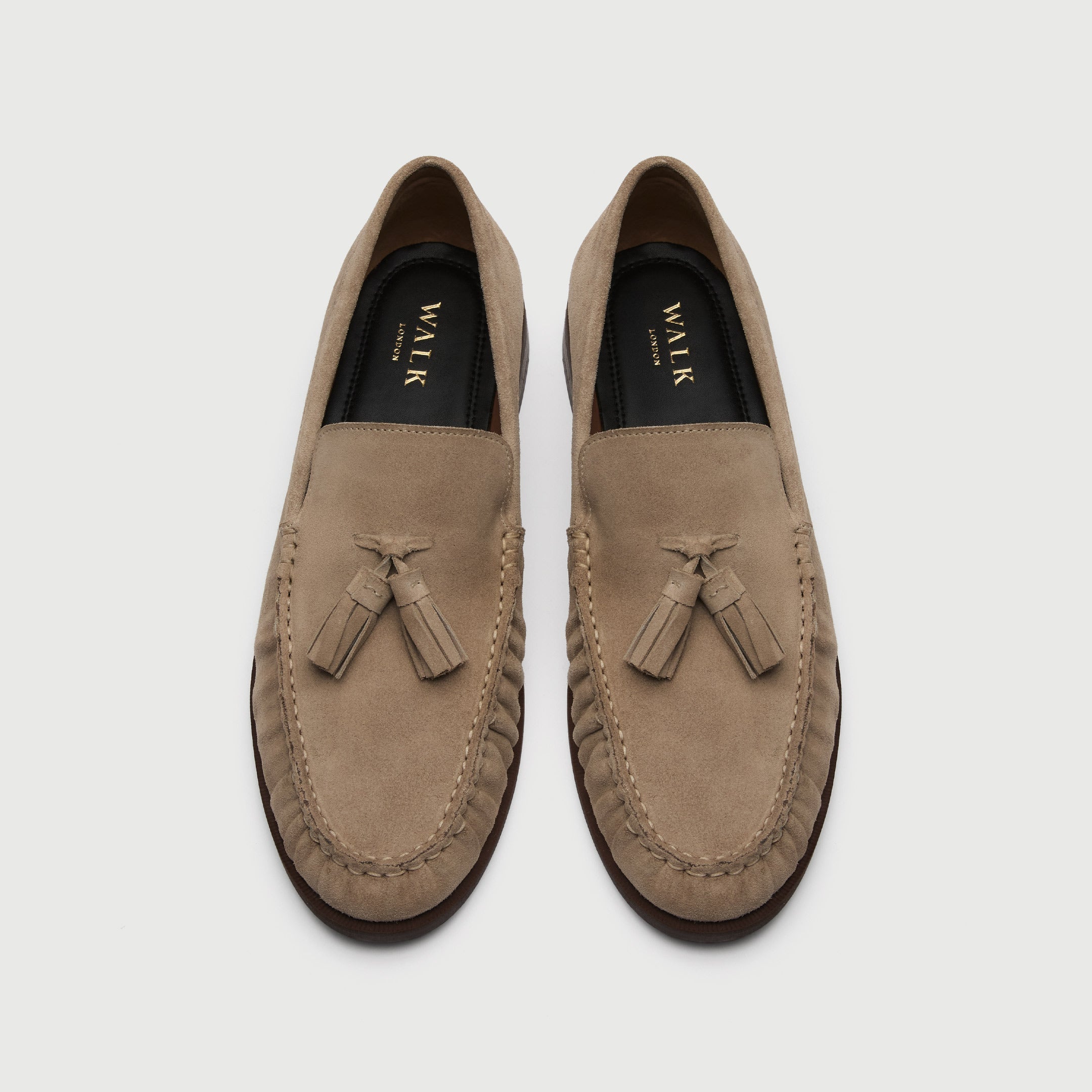 Walk London Como Stone Beige Suede Tassel Loafer top view
