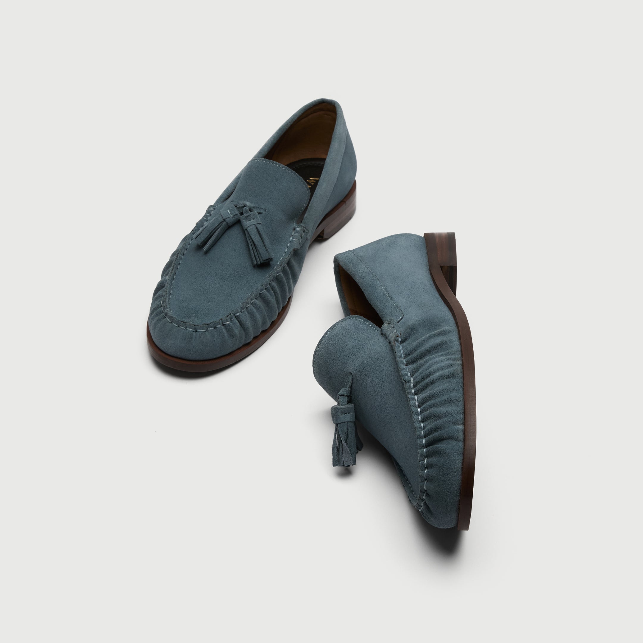 Walk London Como Tassel Loafer in Blue Suede top and side view