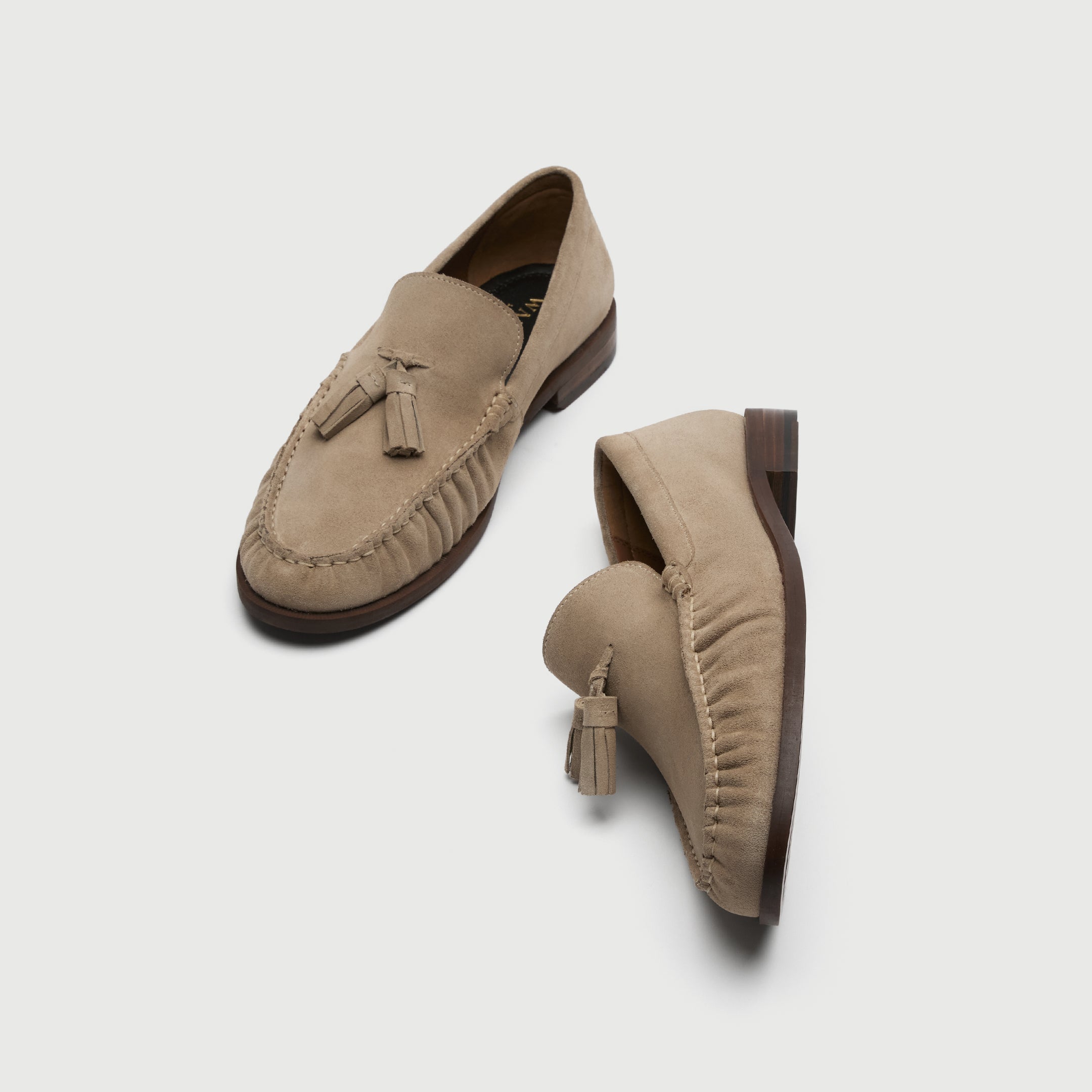 Walk London Como Stone Beige Suede Tassel Loafer top and side view