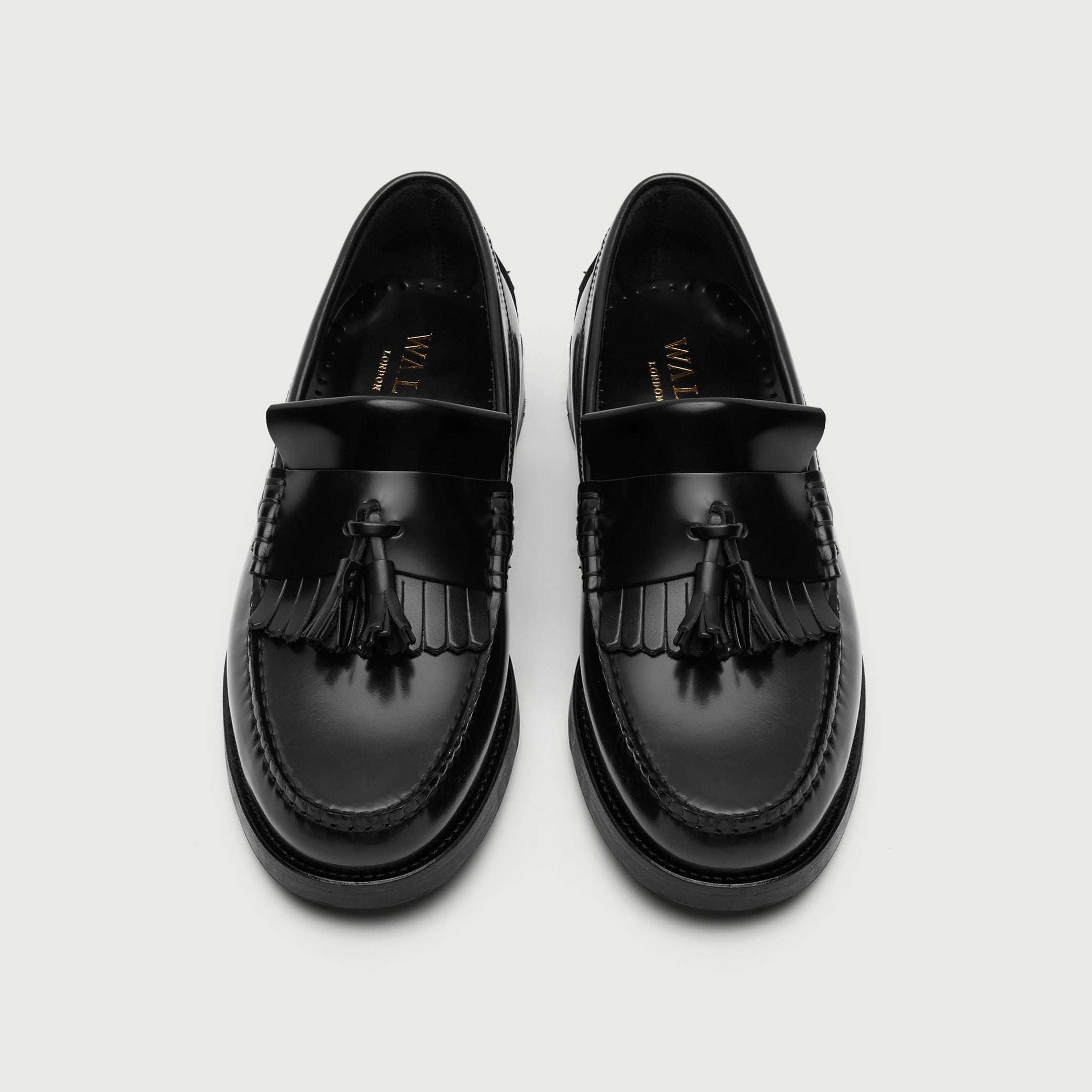 Walk London Dalston Fringe Tassel Loafer Black Leather Birds Eye