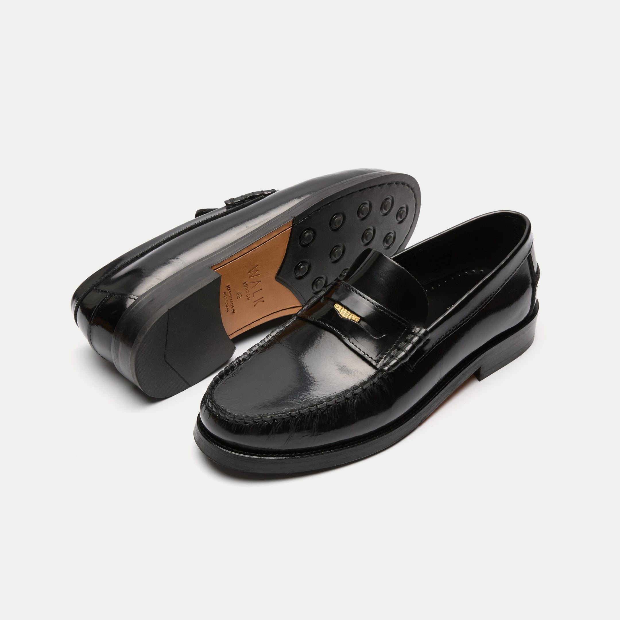 Walk London Mens Dalston Penny Loafer in High Shine Black Leather