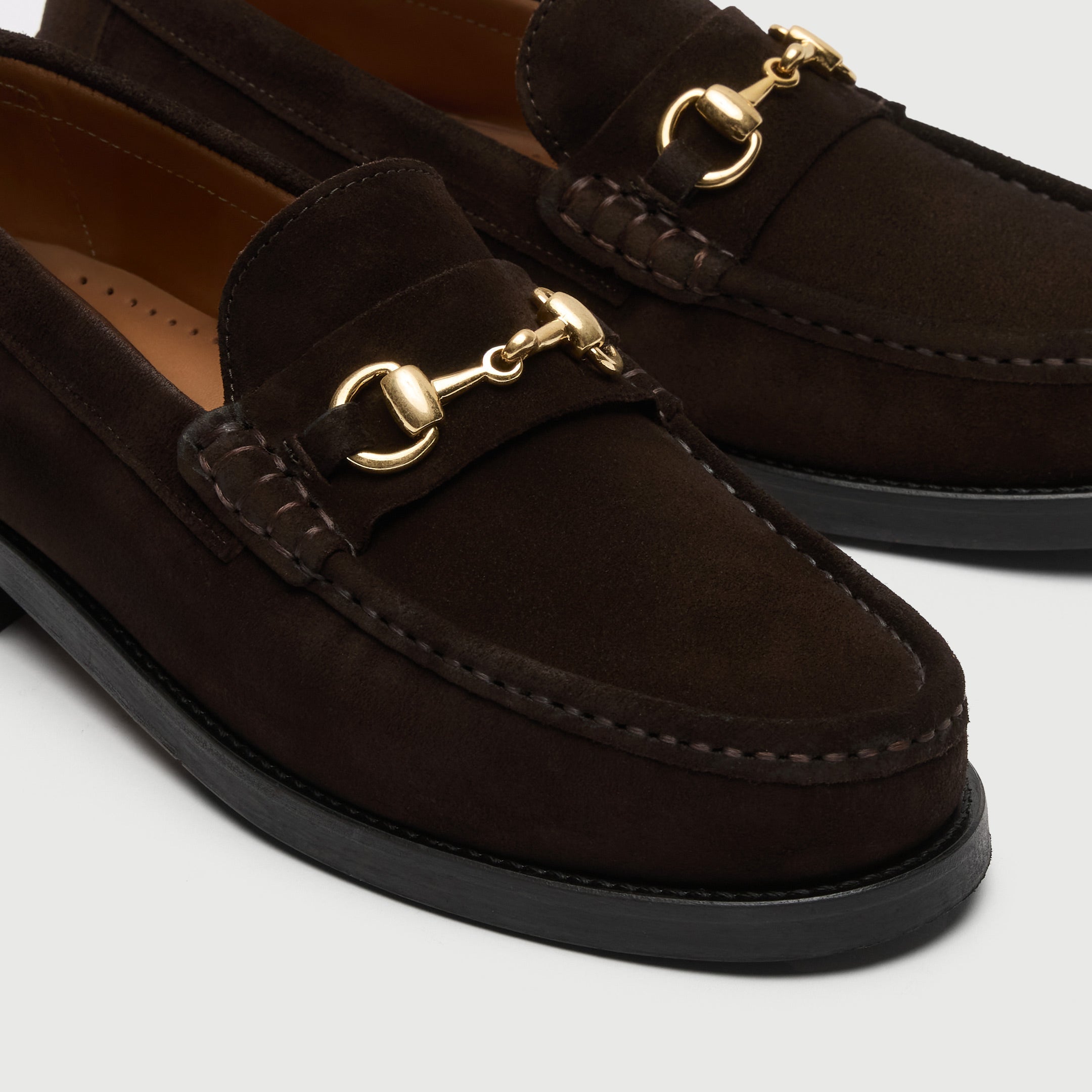 Walk London Dalston Trim Loafer in brown suede with gold horsebit detail view