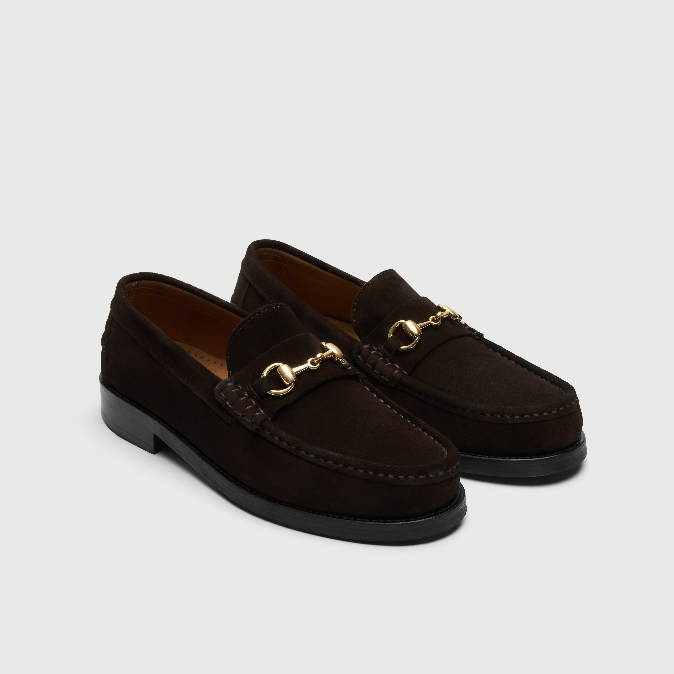 Walk London Dalston Trim Loafer in brown suede with gold horsebit three quarter view