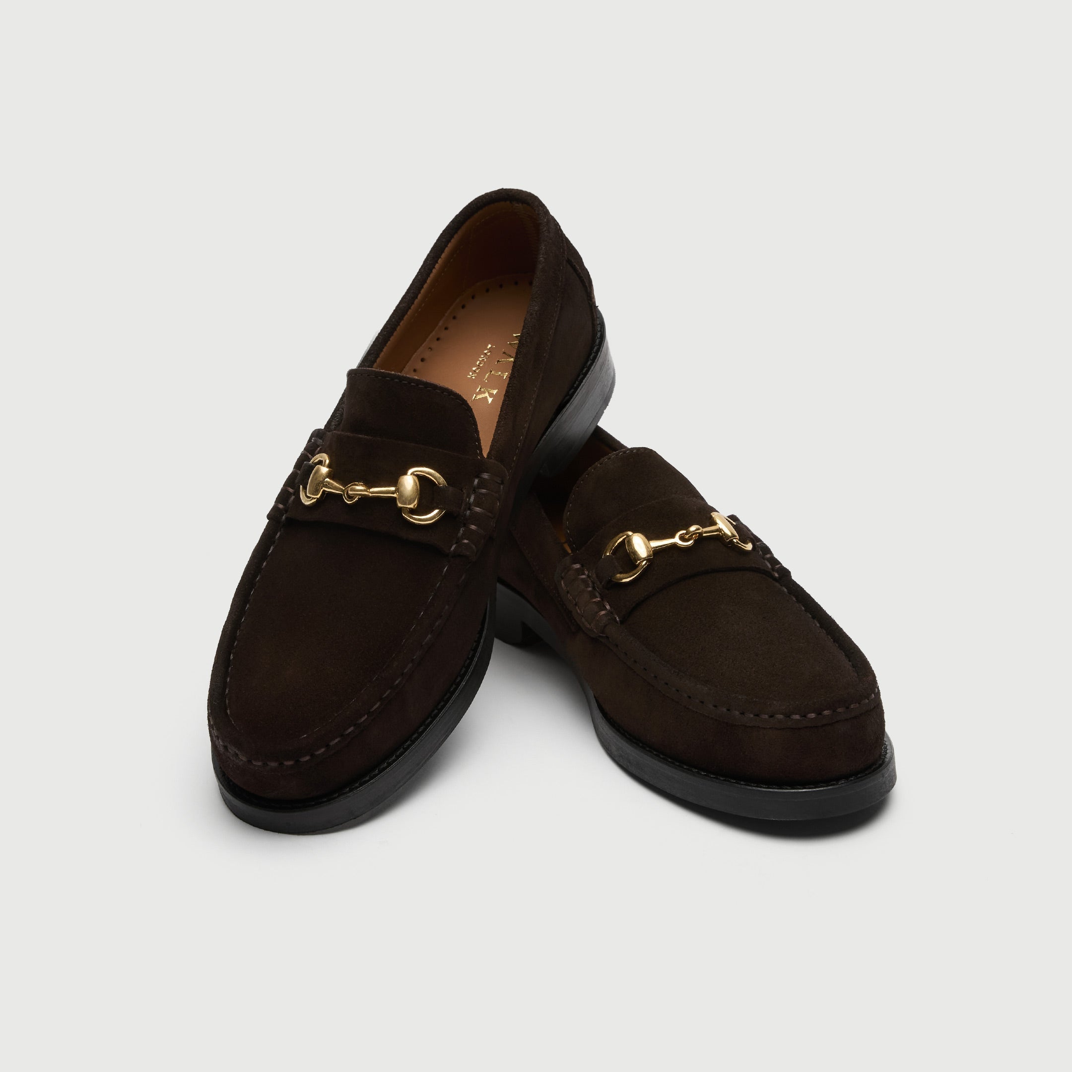 Walk London Dalston Trim Loafer in brown suede with gold horsebit stacked view