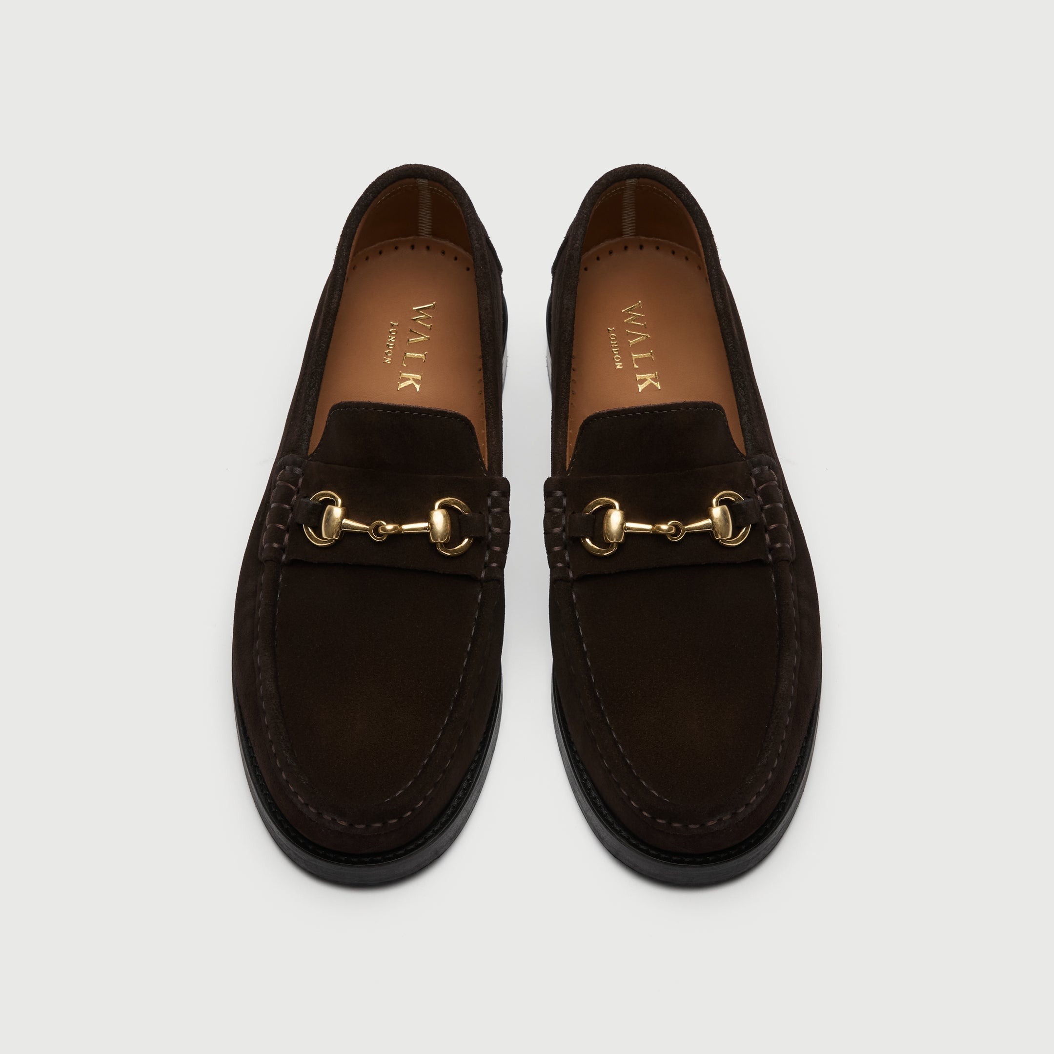 Walk London Dalston Trim Loafer in brown suede with gold horsebit top view