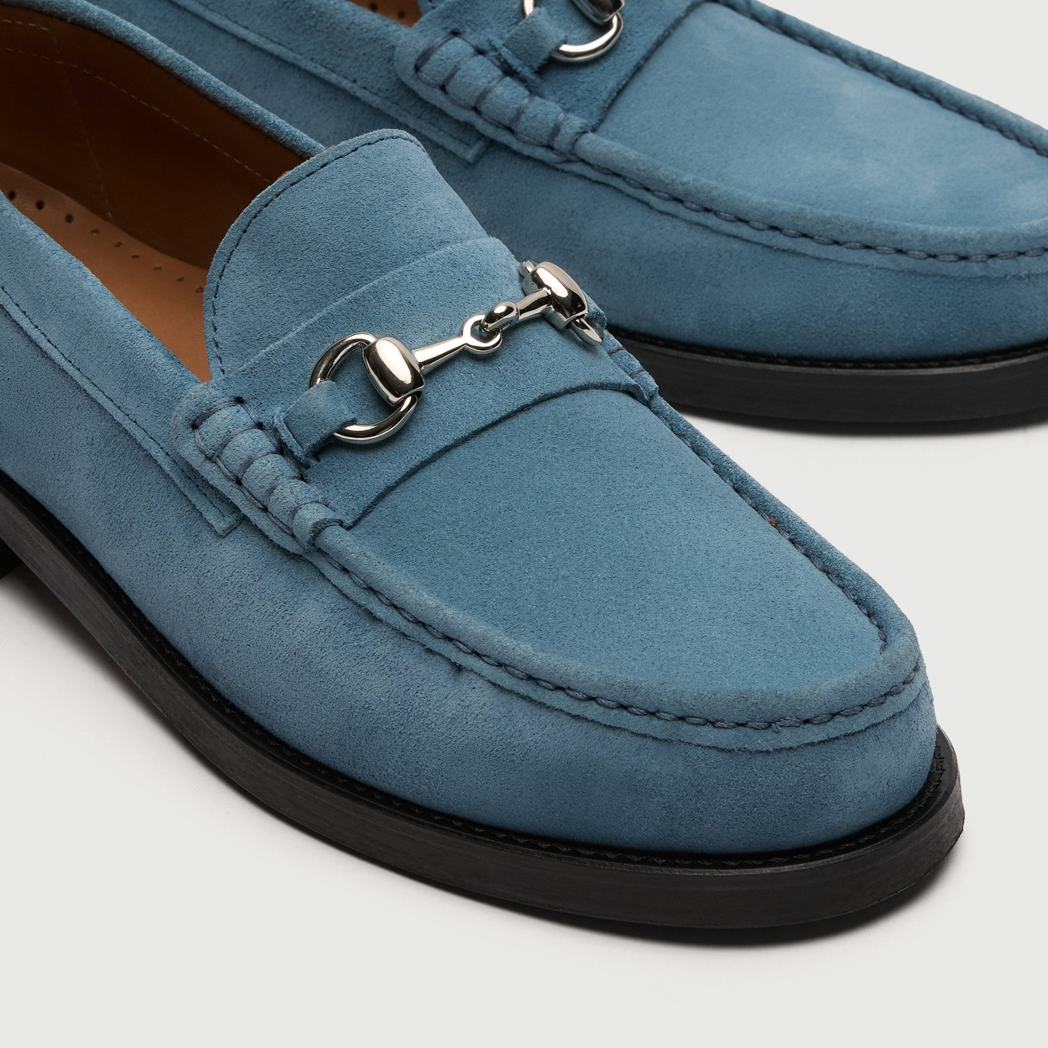 Walk London Dalston Trim Loafer in blue suede detail view of metallic horsebit trim